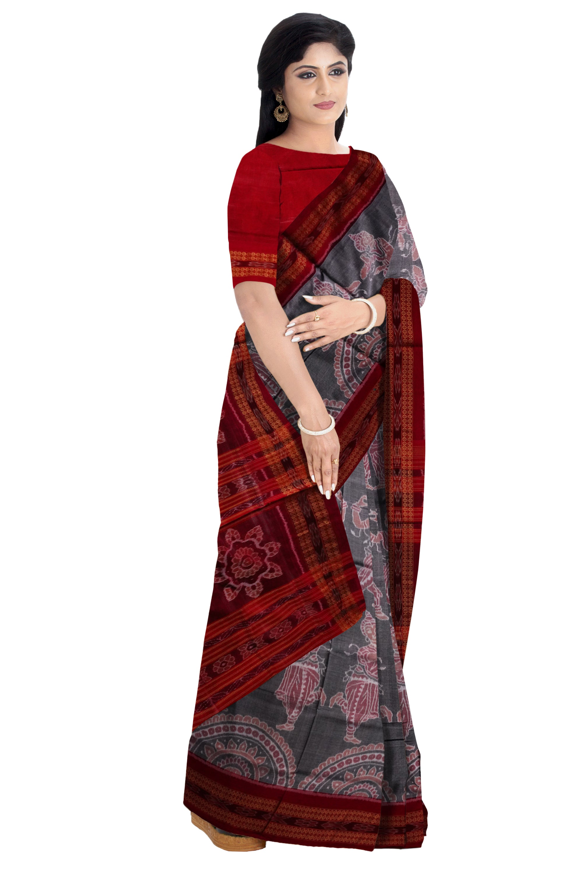 Dancing nartaki sambalpuri cotton saree in Grey and maroon color. - Koshali Arts & Crafts Enterprise