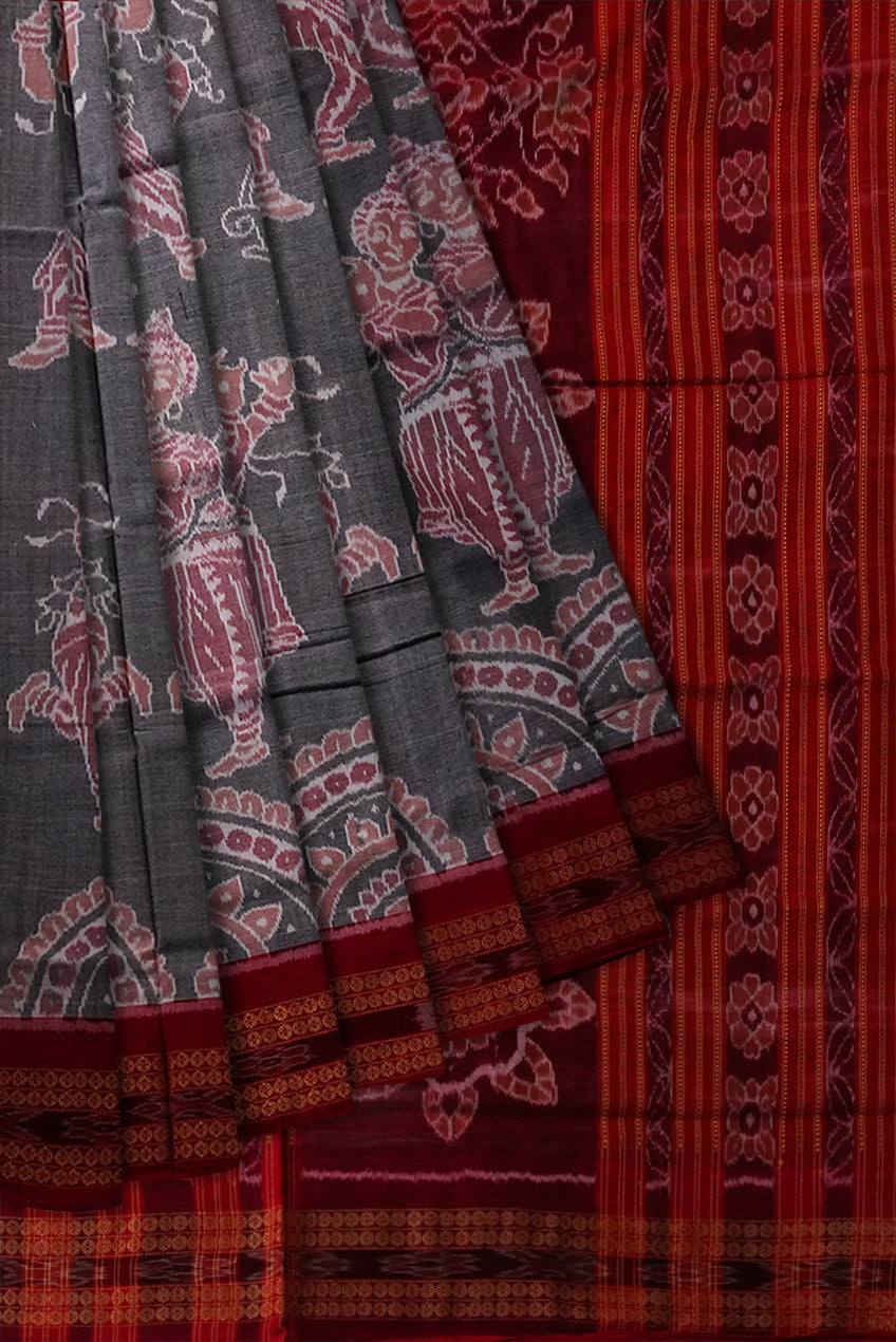 Dancing nartaki sambalpuri cotton saree in Grey and maroon color. - Koshali Arts & Crafts Enterprise