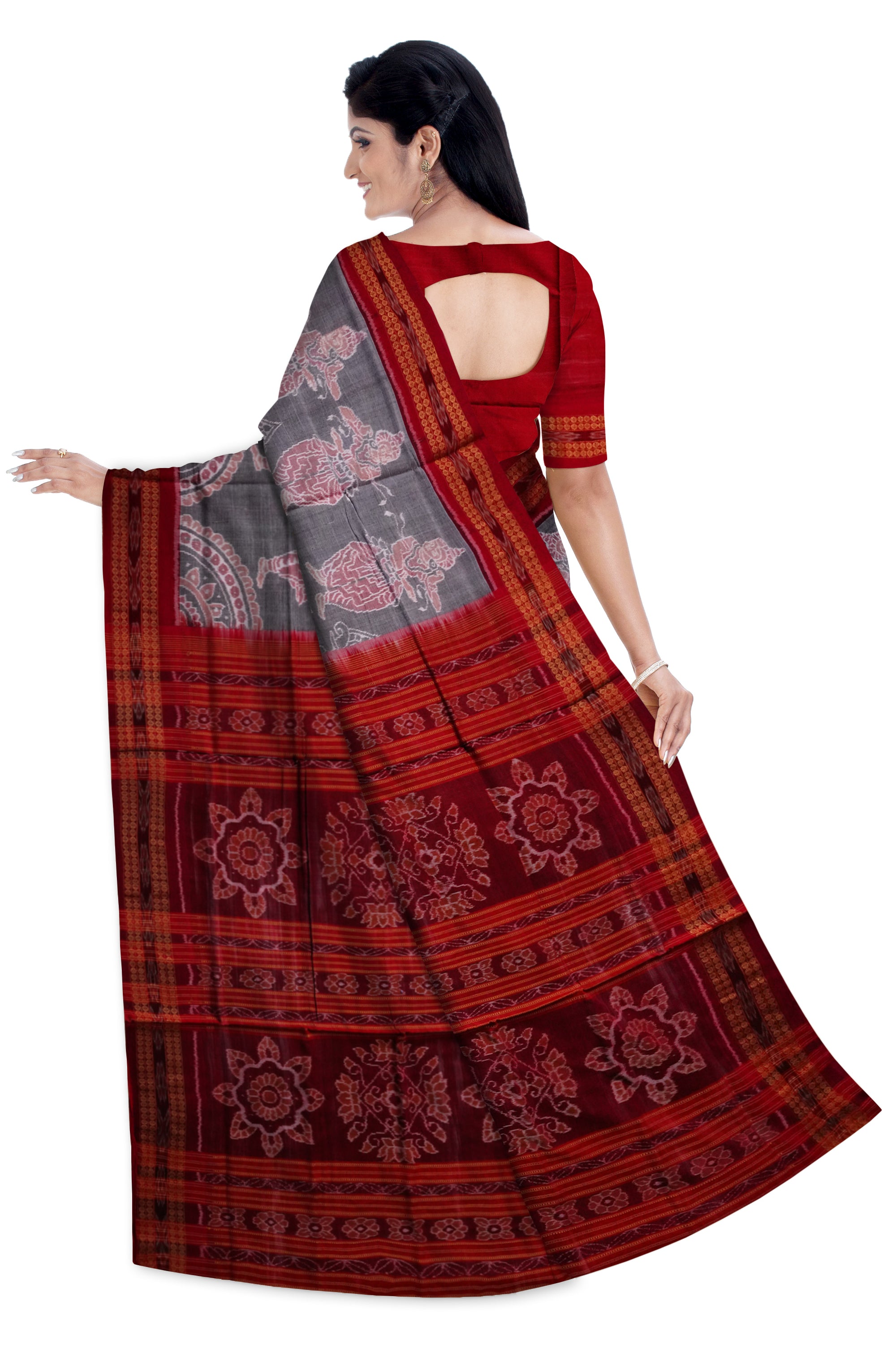 Dancing nartaki sambalpuri cotton saree in Grey and maroon color. - Koshali Arts & Crafts Enterprise