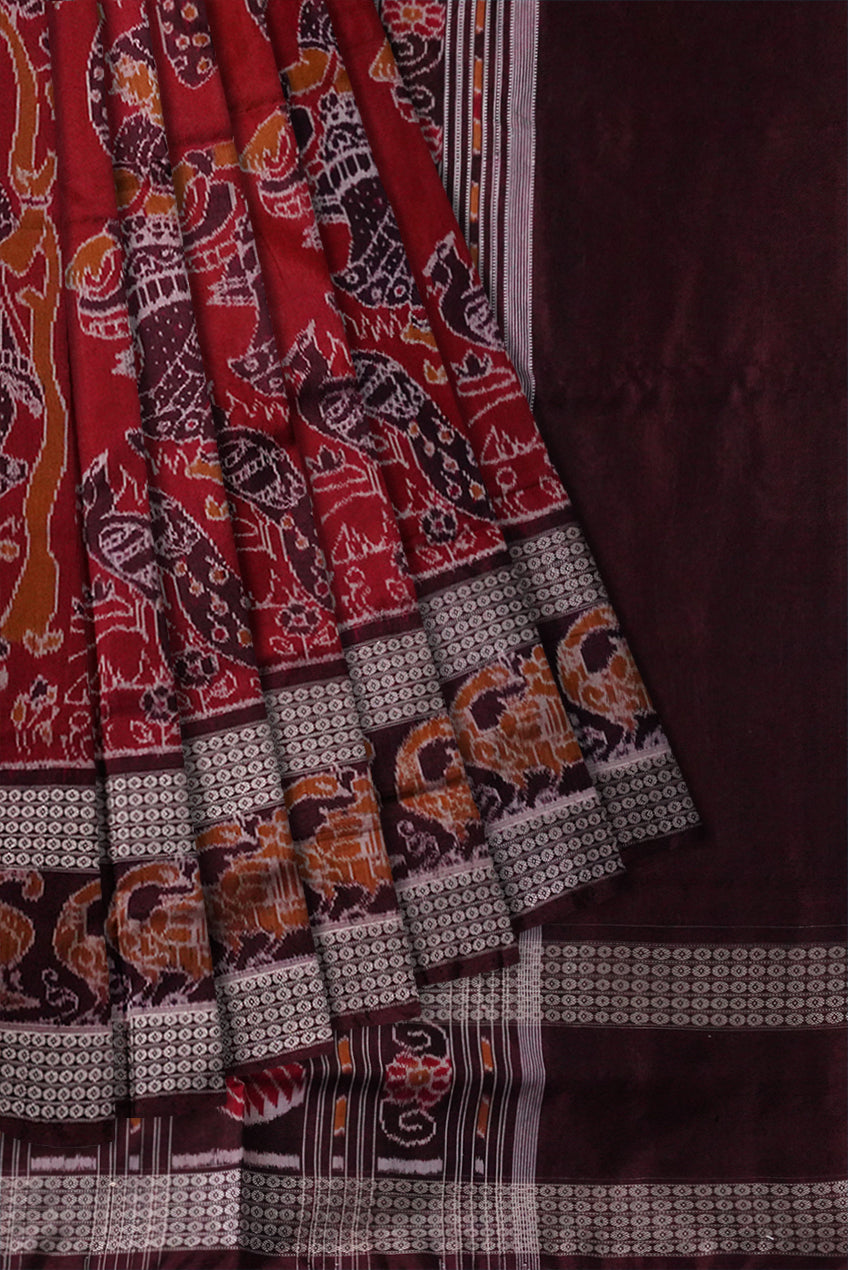 Nartaki and peacock design with big border sambalpuri cotton saree available in maroon and coffee color. - Koshali Arts & Crafts Enterprise