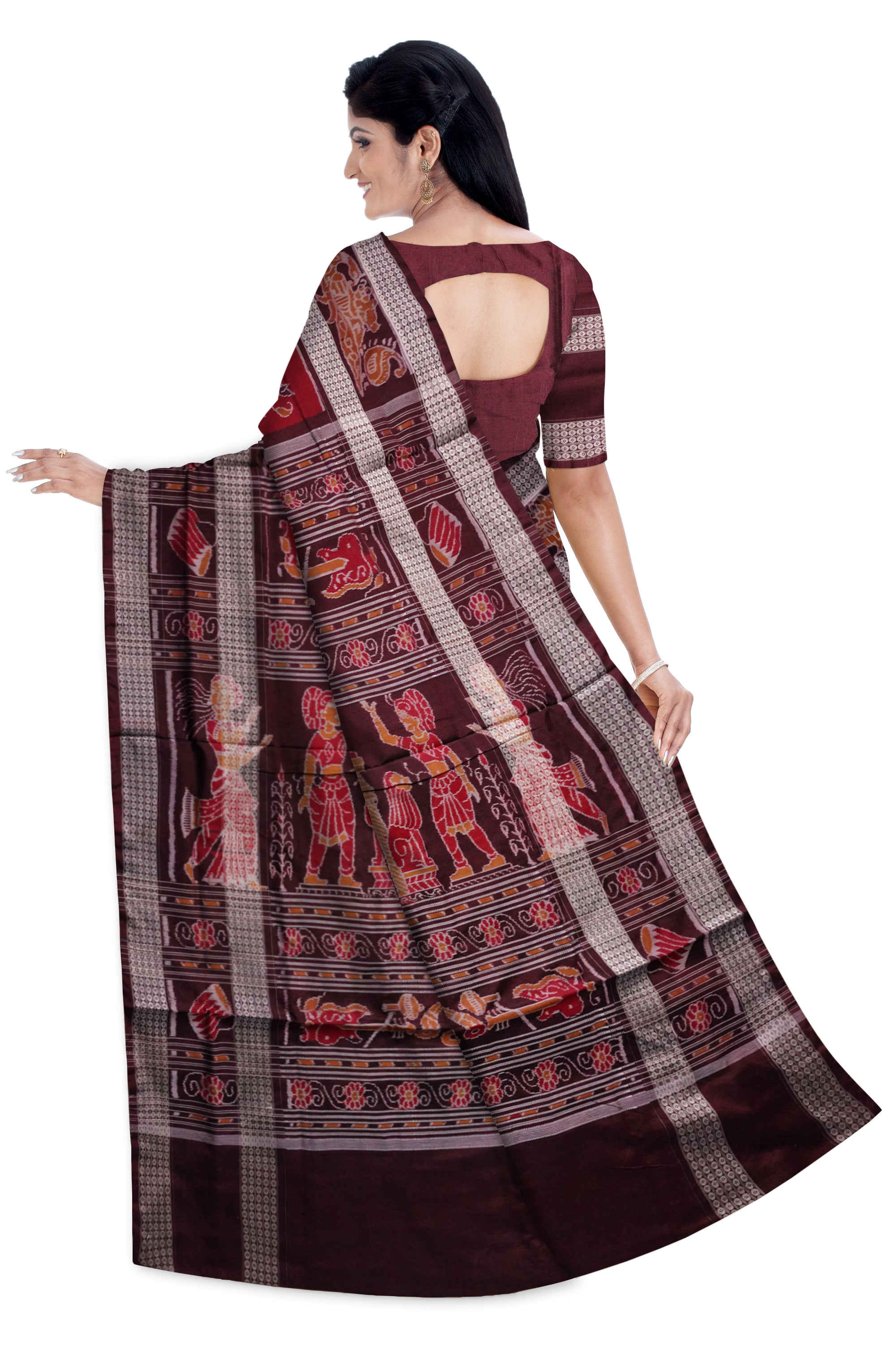 Nartaki and peacock design with big border sambalpuri cotton saree available in maroon and coffee color. - Koshali Arts & Crafts Enterprise