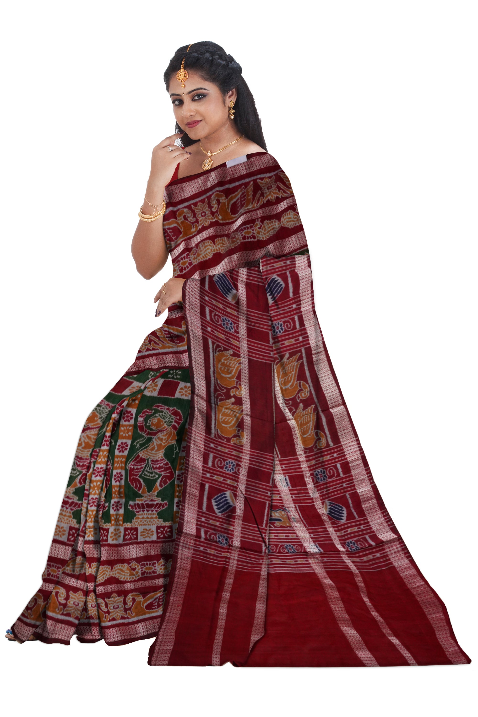 Double border nartaki pattern pure sambalpuri cotton saree in Deep green and Maroon color. - Koshali Arts & Crafts Enterprise