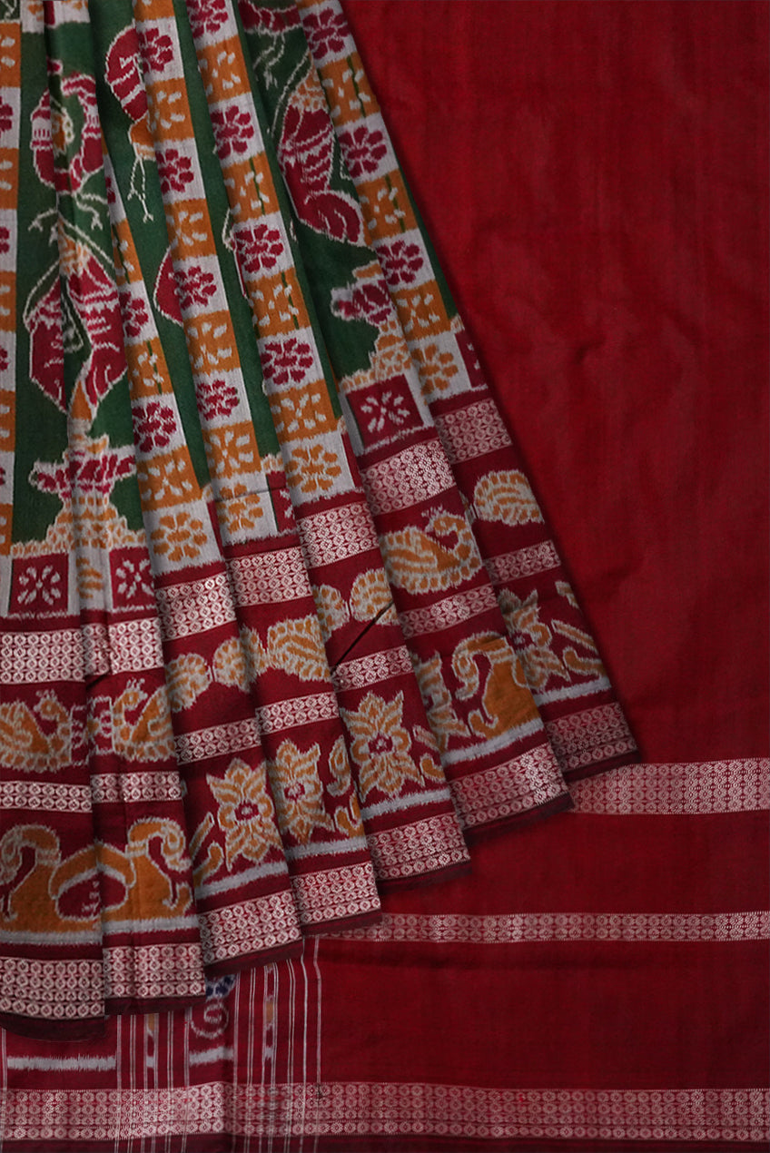 Double border nartaki pattern pure sambalpuri cotton saree in Deep green and Maroon color. - Koshali Arts & Crafts Enterprise