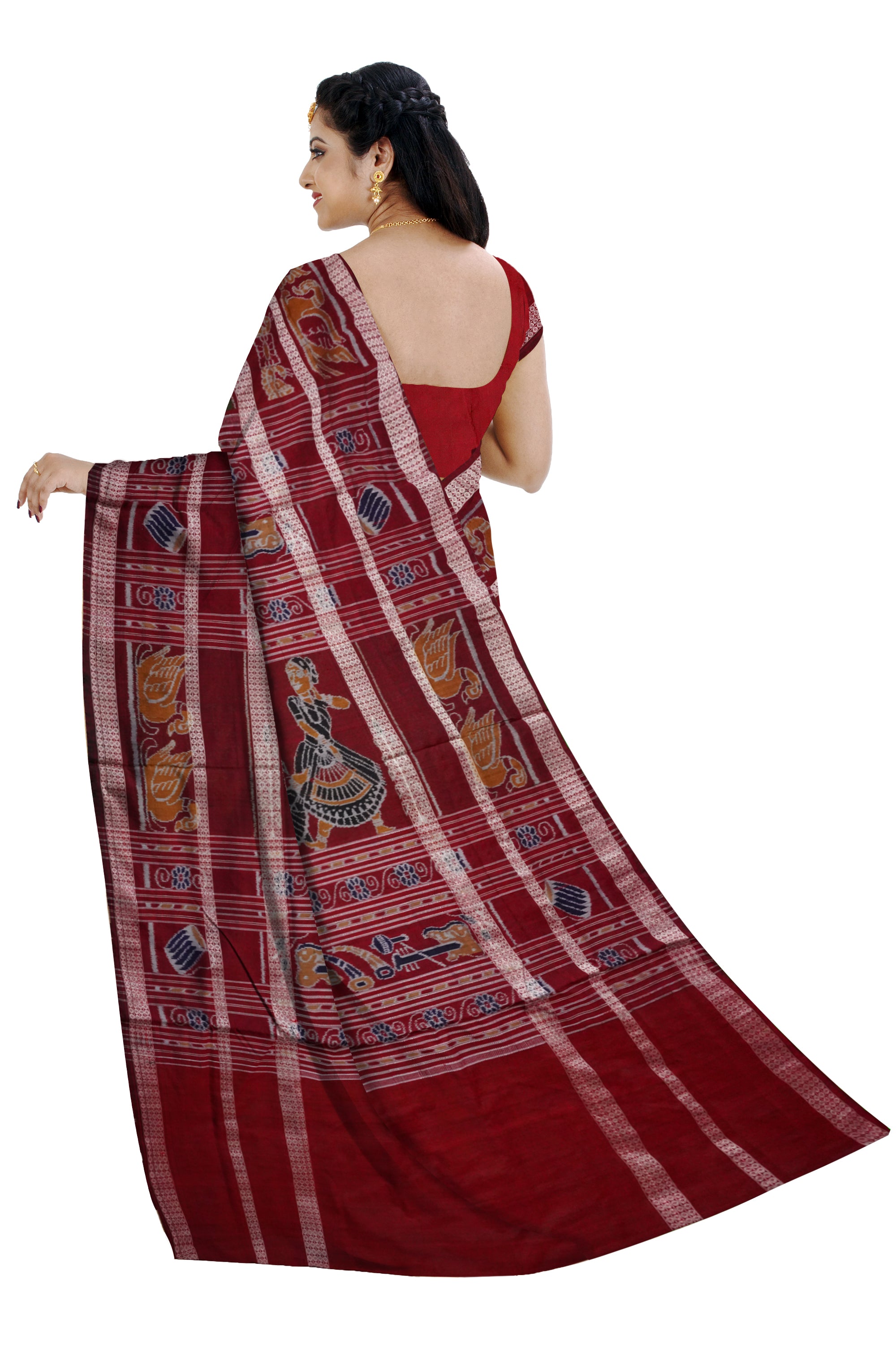 Double border nartaki pattern pure sambalpuri cotton saree in Deep green and Maroon color. - Koshali Arts & Crafts Enterprise