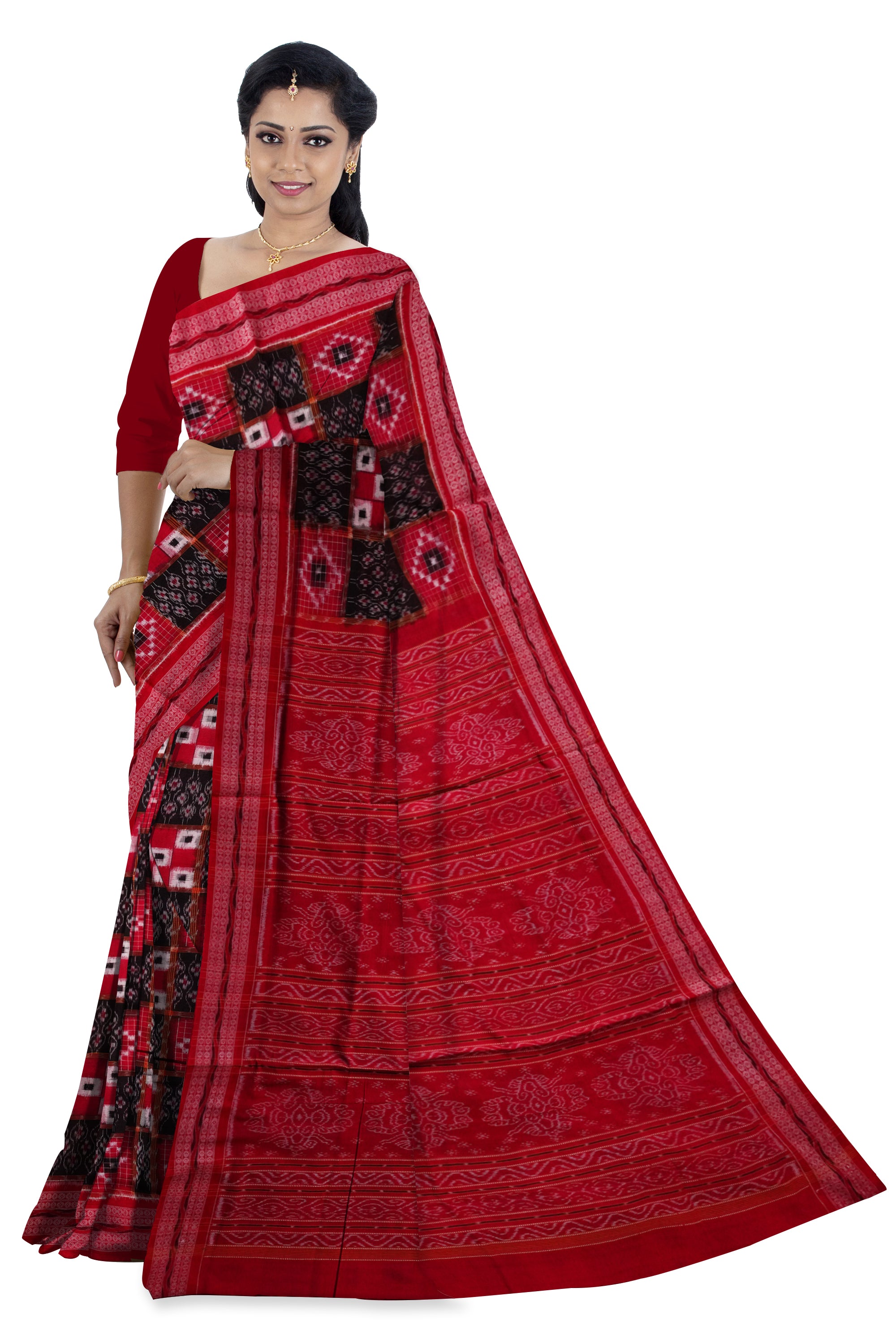 Red and black color 3D design sambalpuri cotton saree with bandha and bomkei. - Koshali Arts & Crafts Enterprise