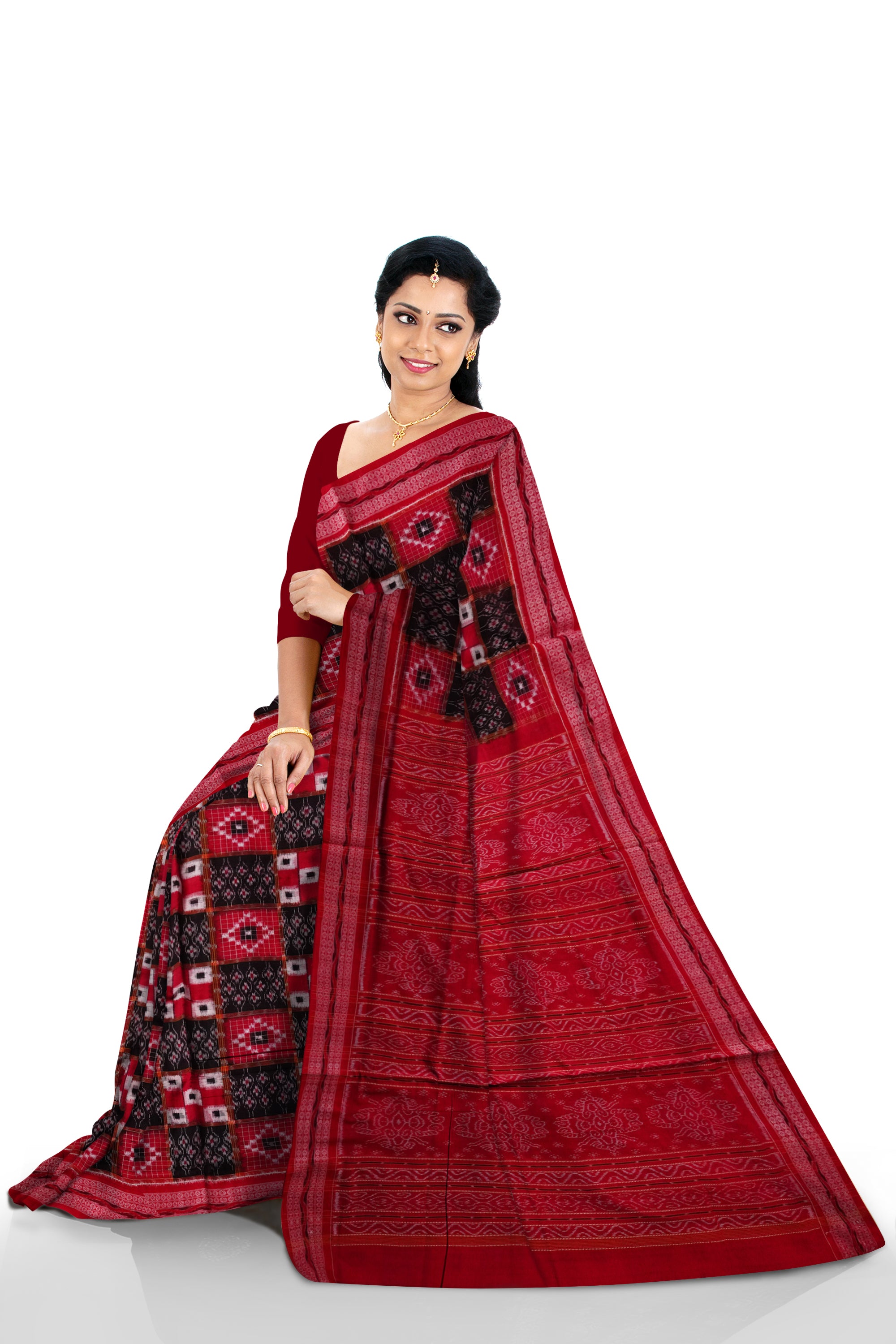 Red and black color 3D design sambalpuri cotton saree with bandha and bomkei. - Koshali Arts & Crafts Enterprise