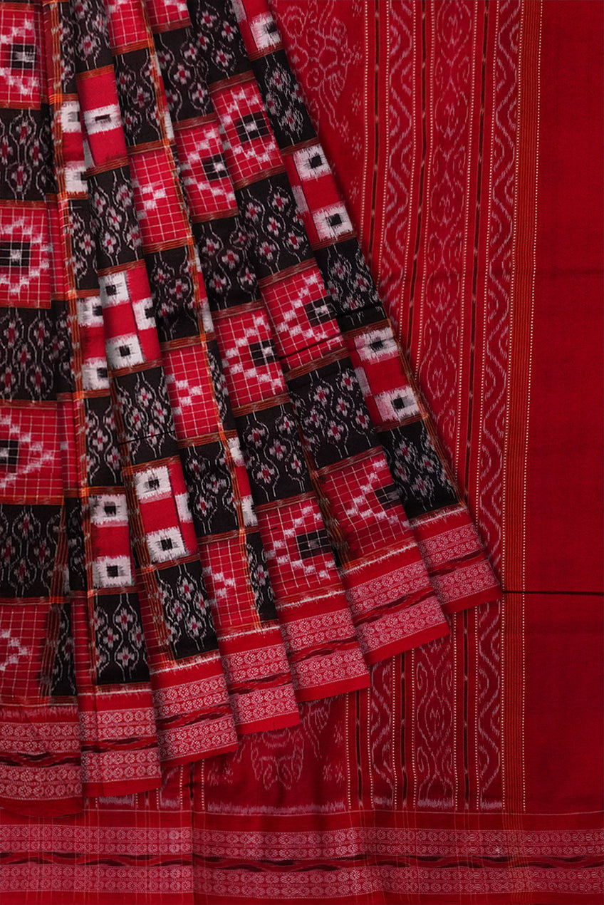 Red and black color 3D design sambalpuri cotton saree with bandha and bomkei. - Koshali Arts & Crafts Enterprise
