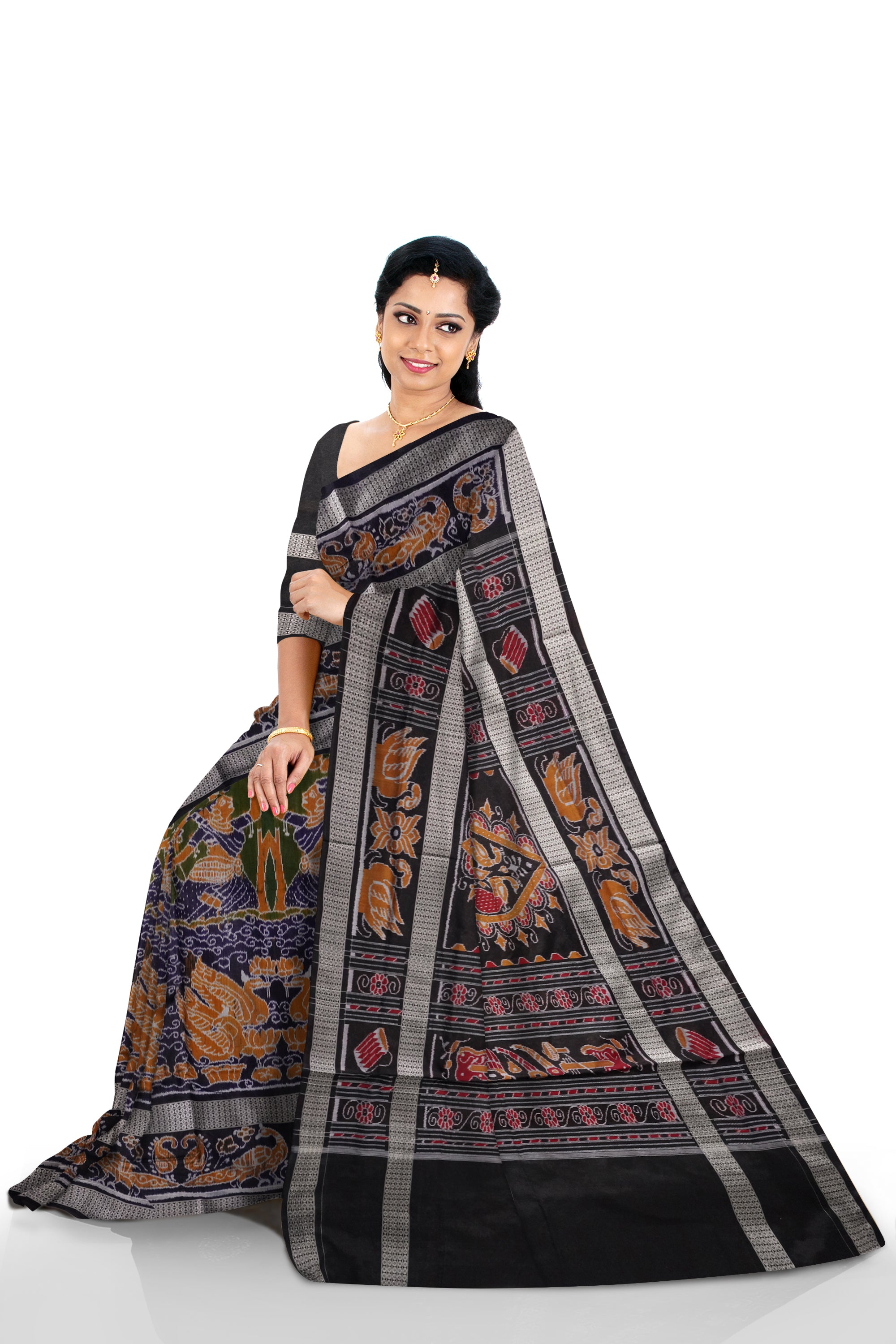 Nartaki and duck pattern pure cotton saree in mehndi,yellow and black color with big border. - Koshali Arts & Crafts Enterprise