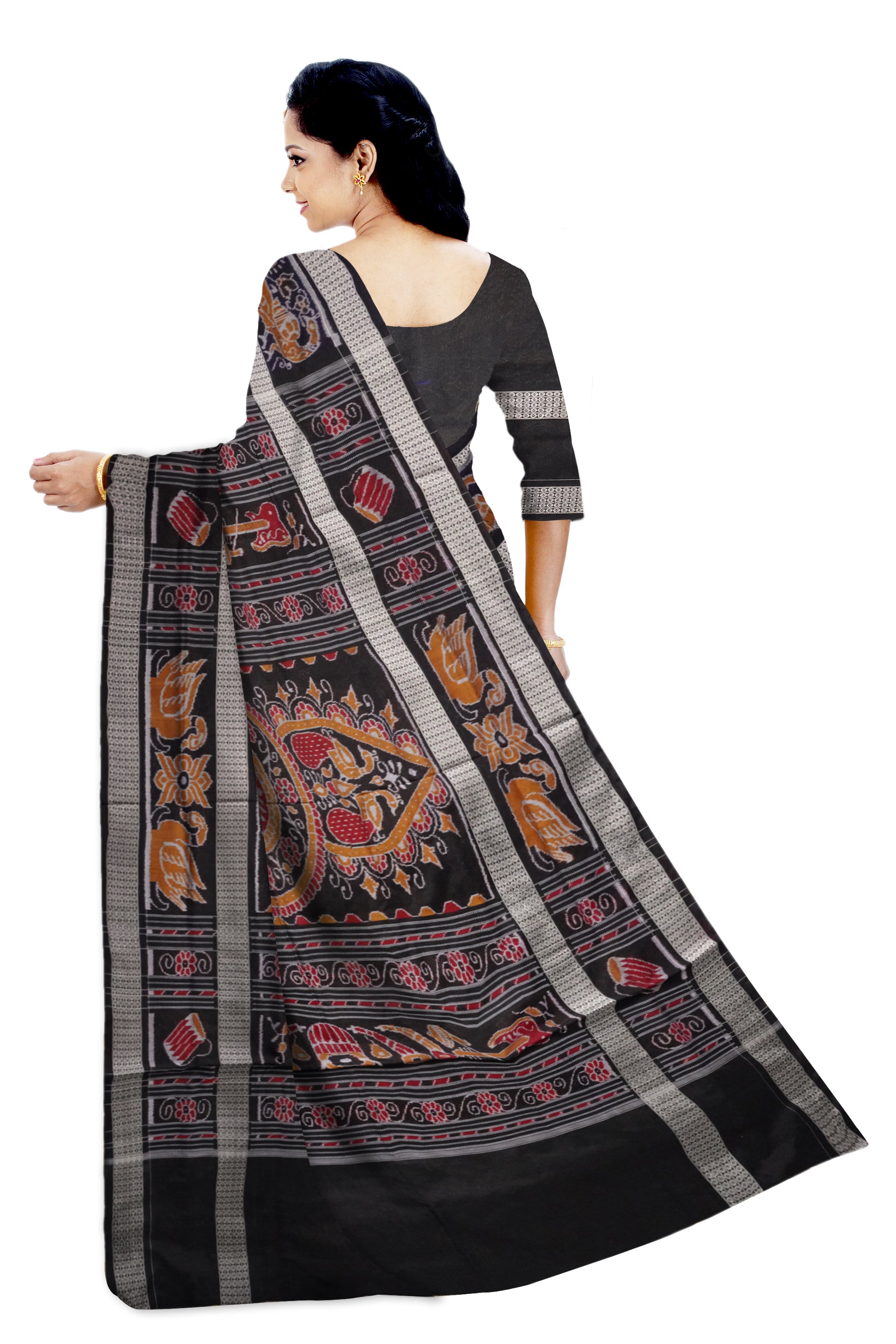 Nartaki and duck pattern pure cotton saree in mehndi,yellow and black color with big border. - Koshali Arts & Crafts Enterprise