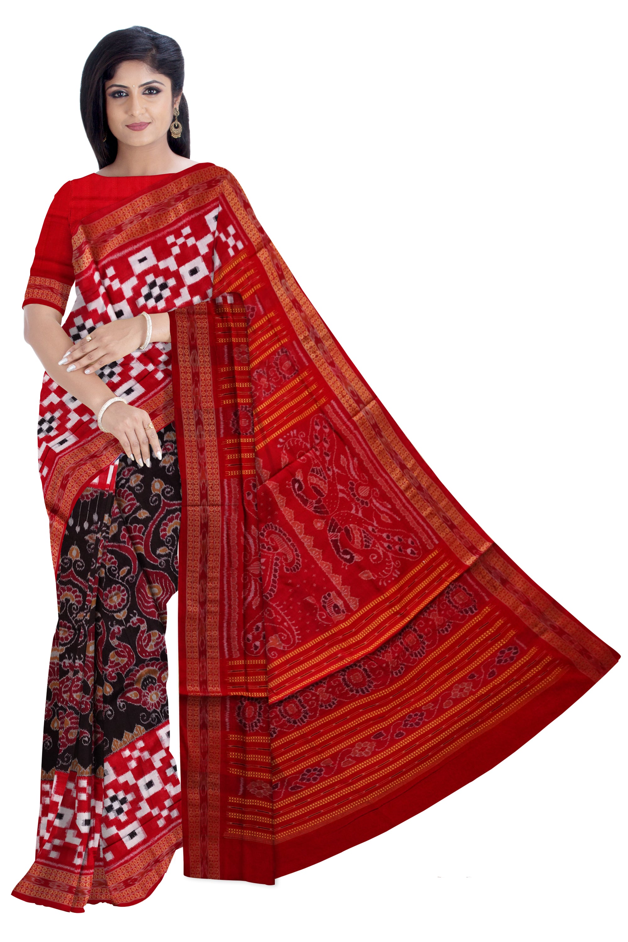 Peacock bandha with Pasapali pattern full body work sambalpuri cotton saree in Black and Red color. - Koshali Arts & Crafts Enterprise