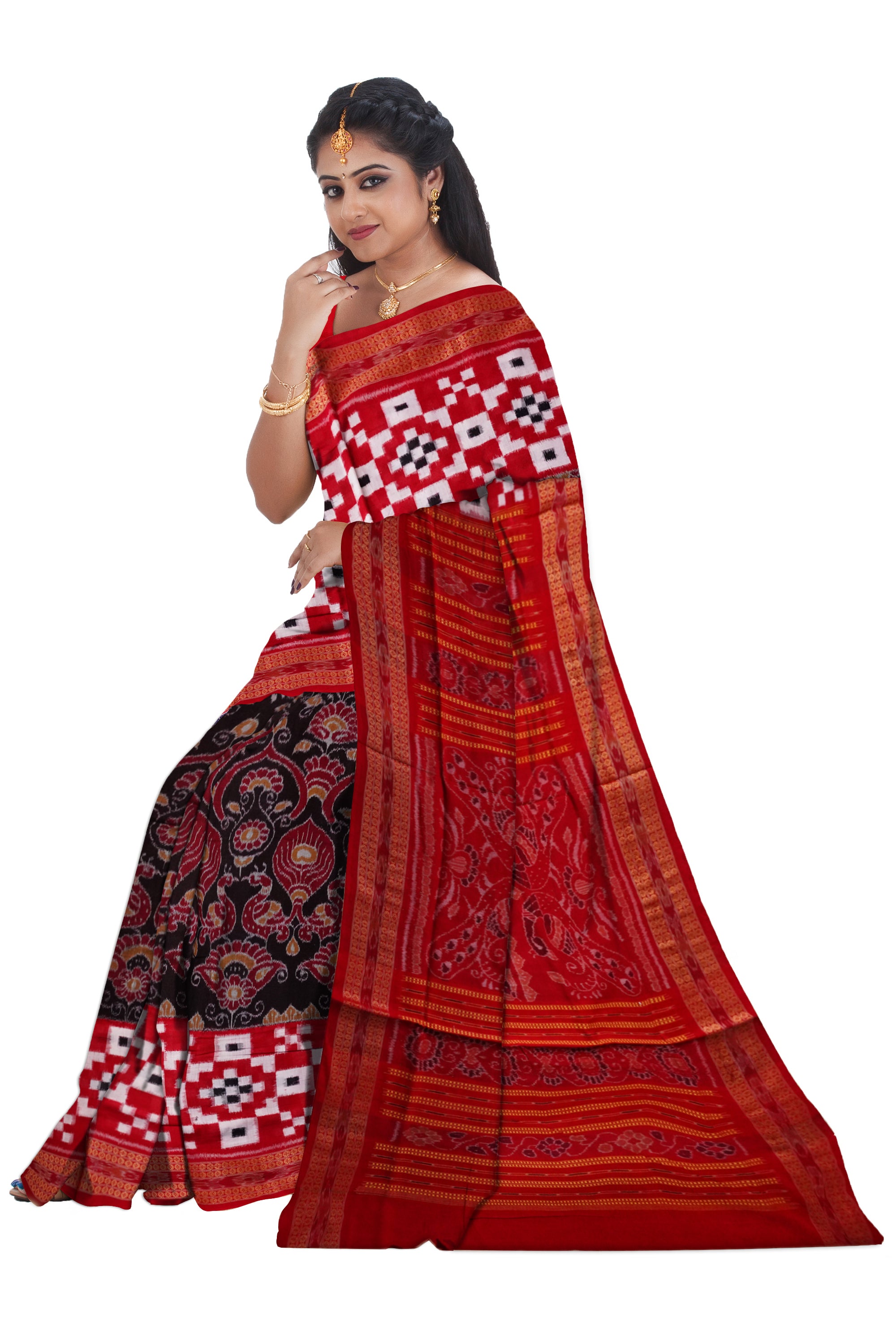 Peacock bandha with Pasapali pattern full body work sambalpuri cotton saree in Black and Red color. - Koshali Arts & Crafts Enterprise