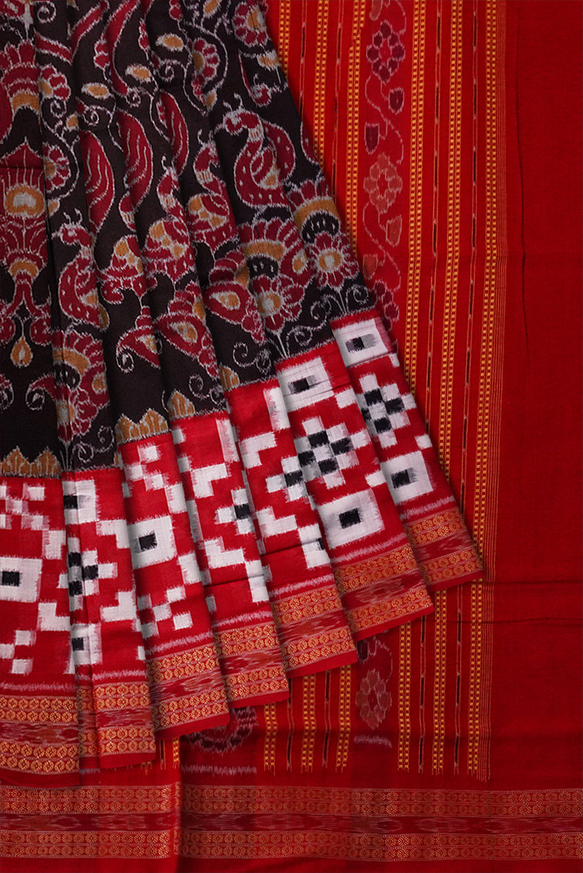 Peacock bandha with Pasapali pattern full body work sambalpuri cotton saree in Black and Red color. - Koshali Arts & Crafts Enterprise