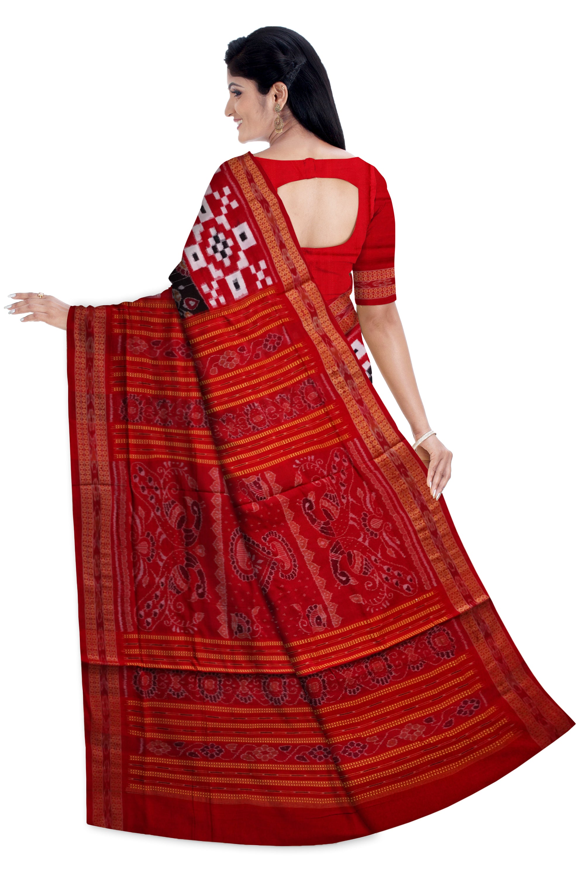 Peacock bandha with Pasapali pattern full body work sambalpuri cotton saree in Black and Red color. - Koshali Arts & Crafts Enterprise