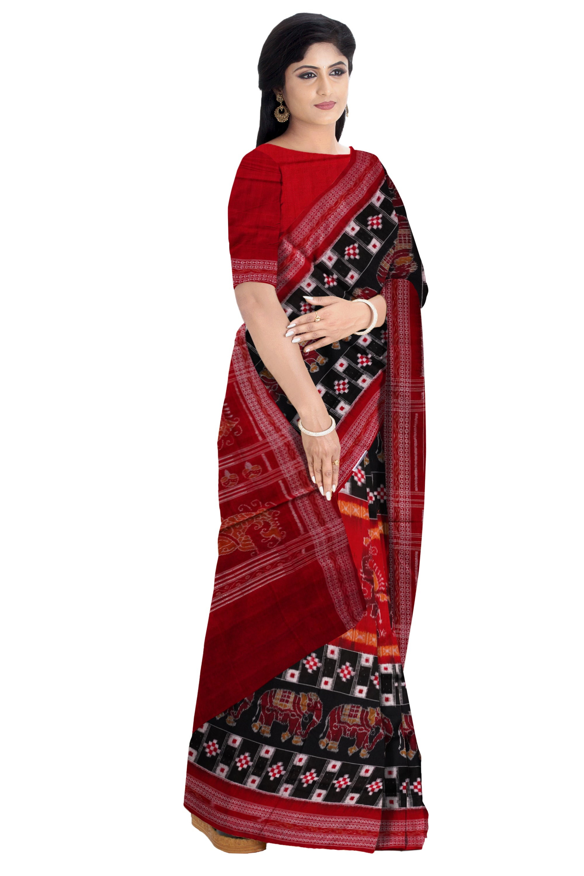 Elephant and Pasapali design in full body pure cotton saree in Black and Red color. - Koshali Arts & Crafts Enterprise