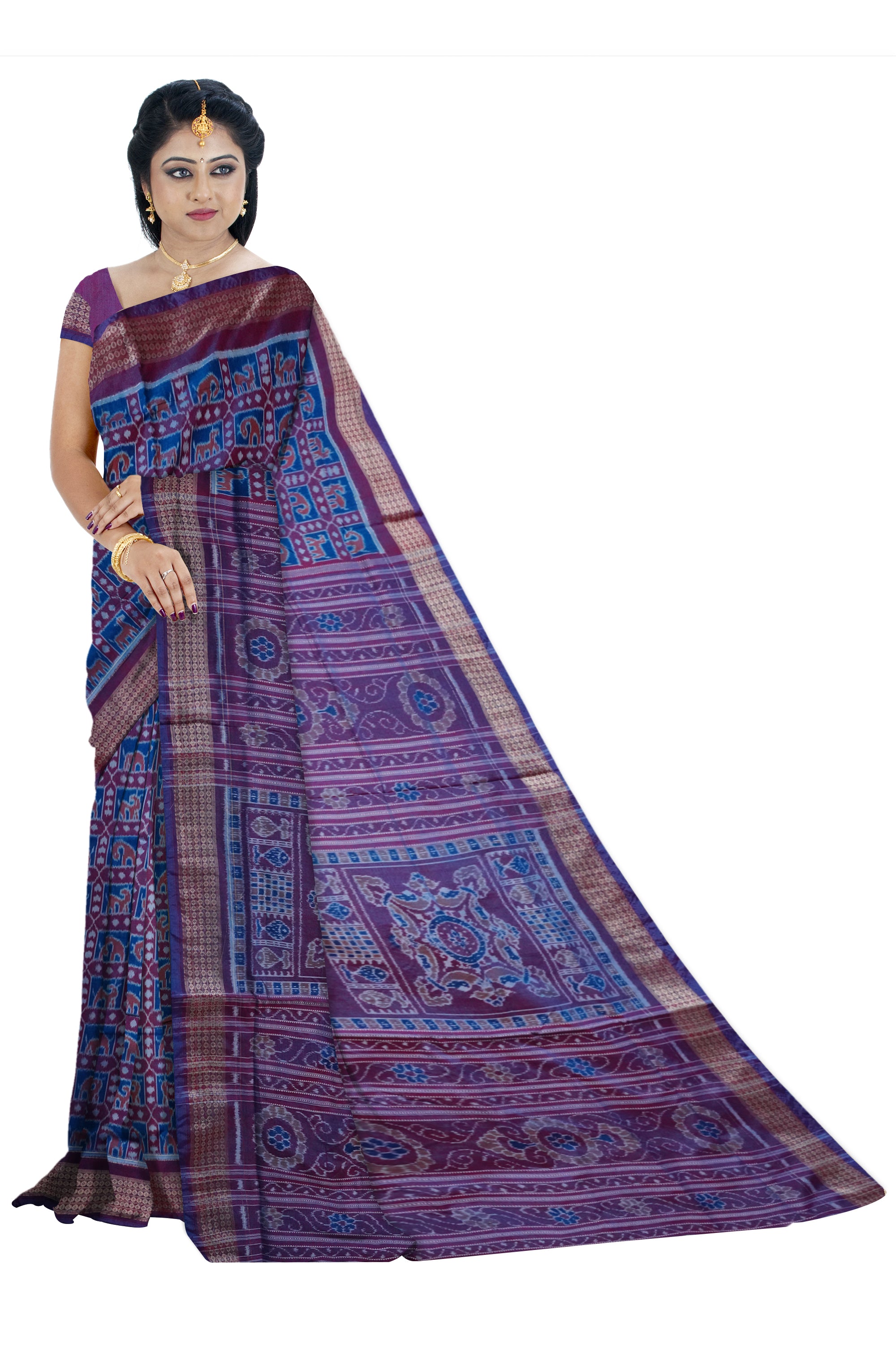 Different type of movement of a animal design on full body work sambalpuri saree in sky and light purple colour. - Koshali Arts & Crafts Enterprise