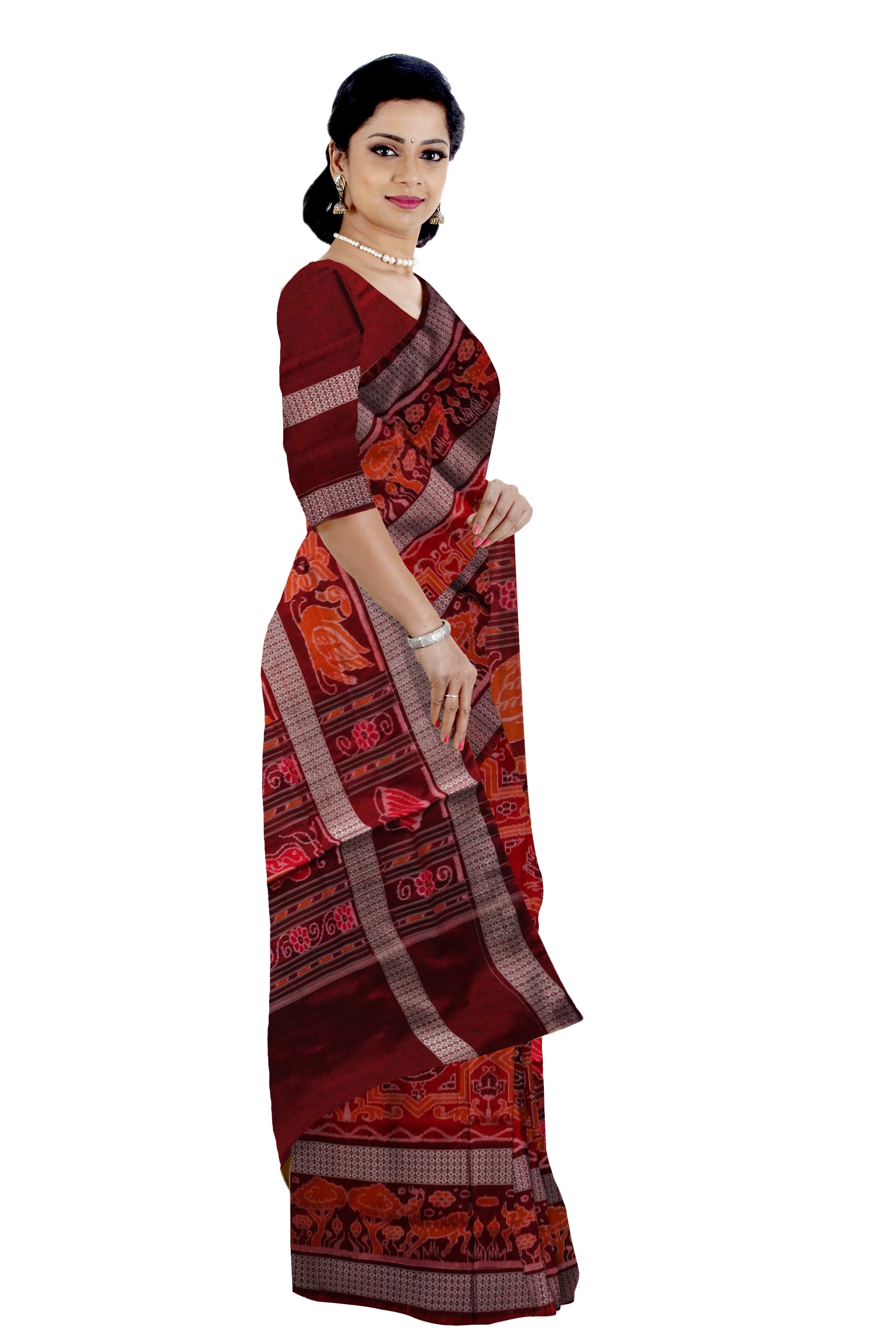 Animals and birds pattern with big border sambalpuri bapta cotton saree in  orange and maroon colour. - Koshali Arts & Crafts Enterprise