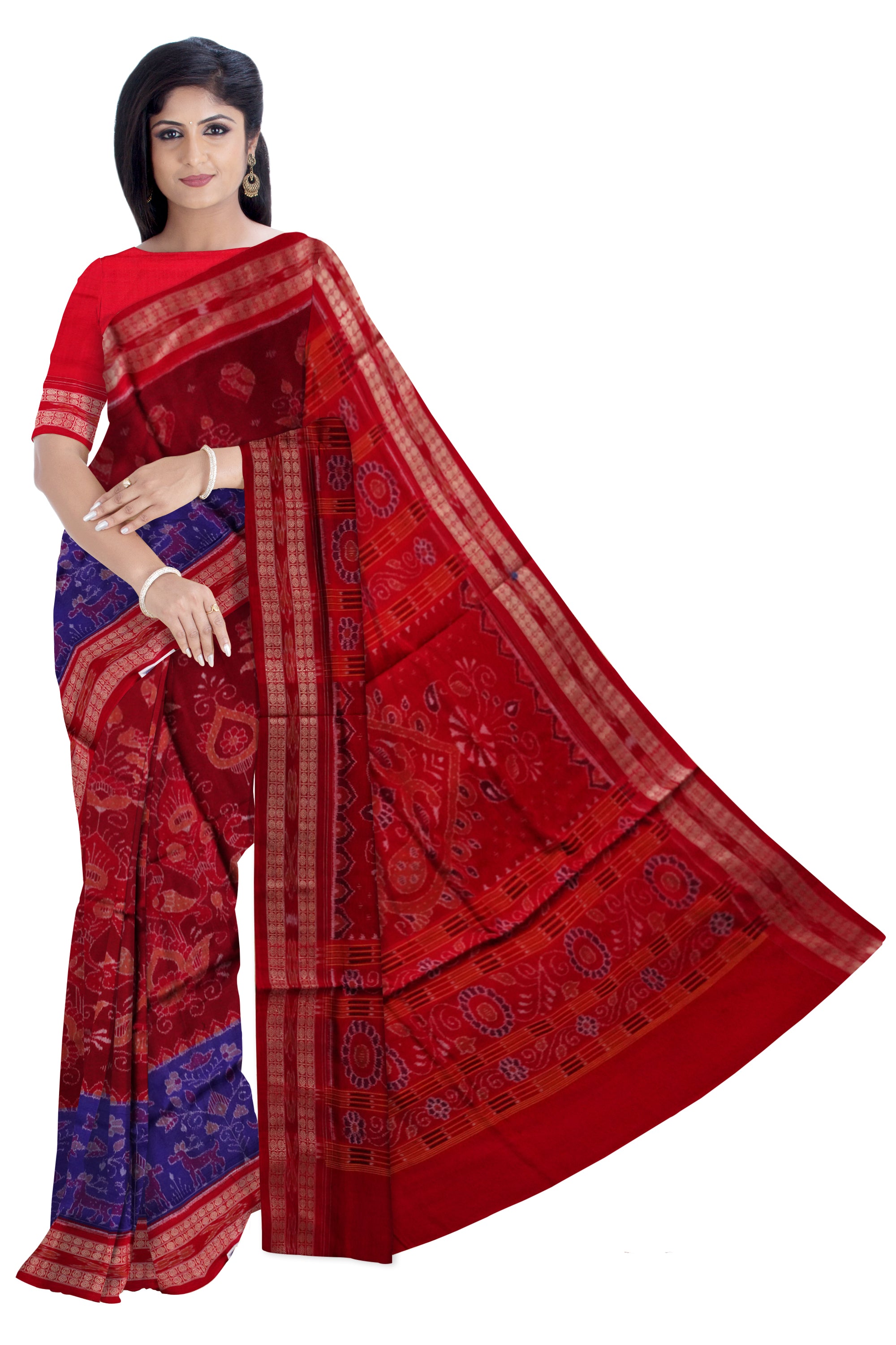 Maroon and Blue color peacock pattern Sambalpuri cotton saree. - Koshali Arts & Crafts Enterprise