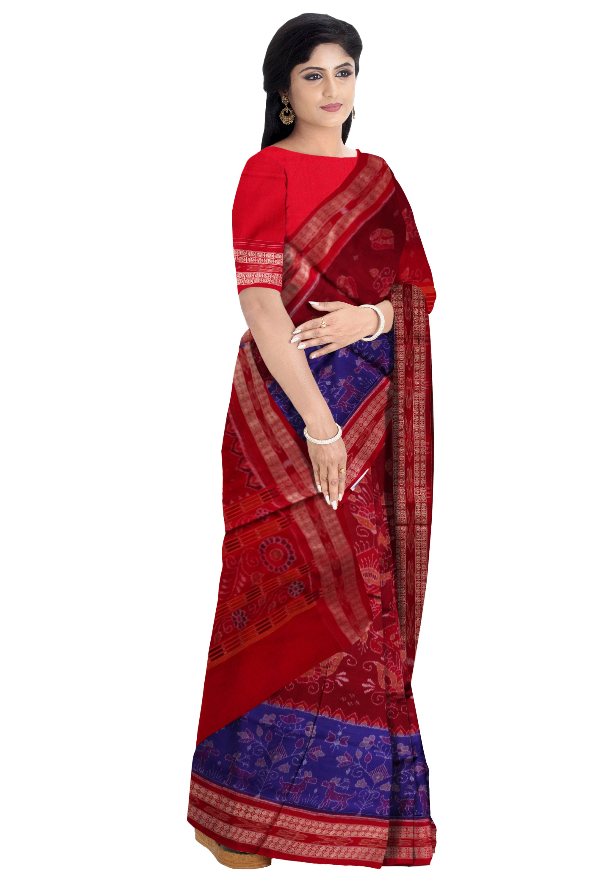 Maroon and Blue color peacock pattern Sambalpuri cotton saree. - Koshali Arts & Crafts Enterprise