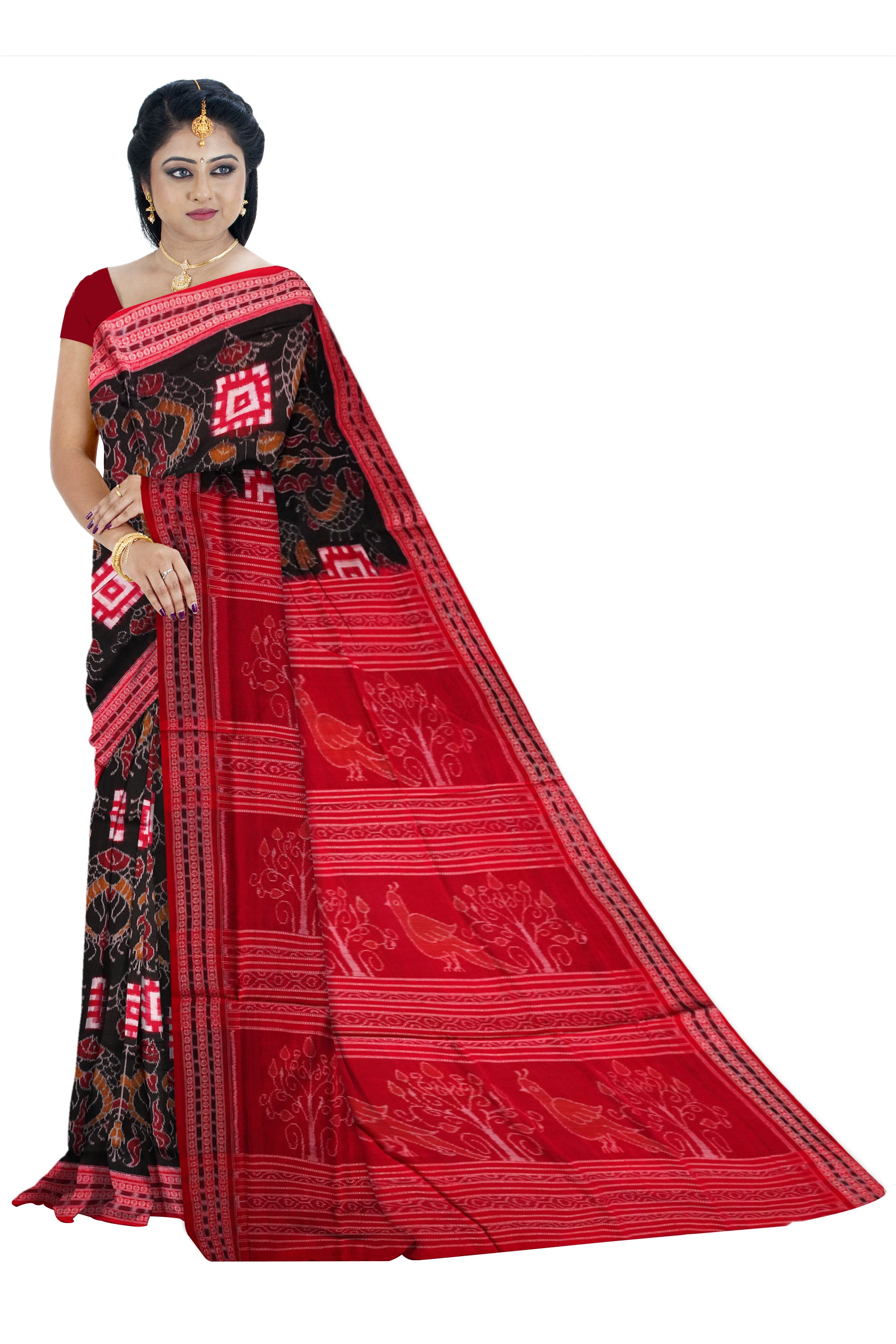 Black and Red color box and fish pattern sambalpuri cotton saree. - Koshali Arts & Crafts Enterprise