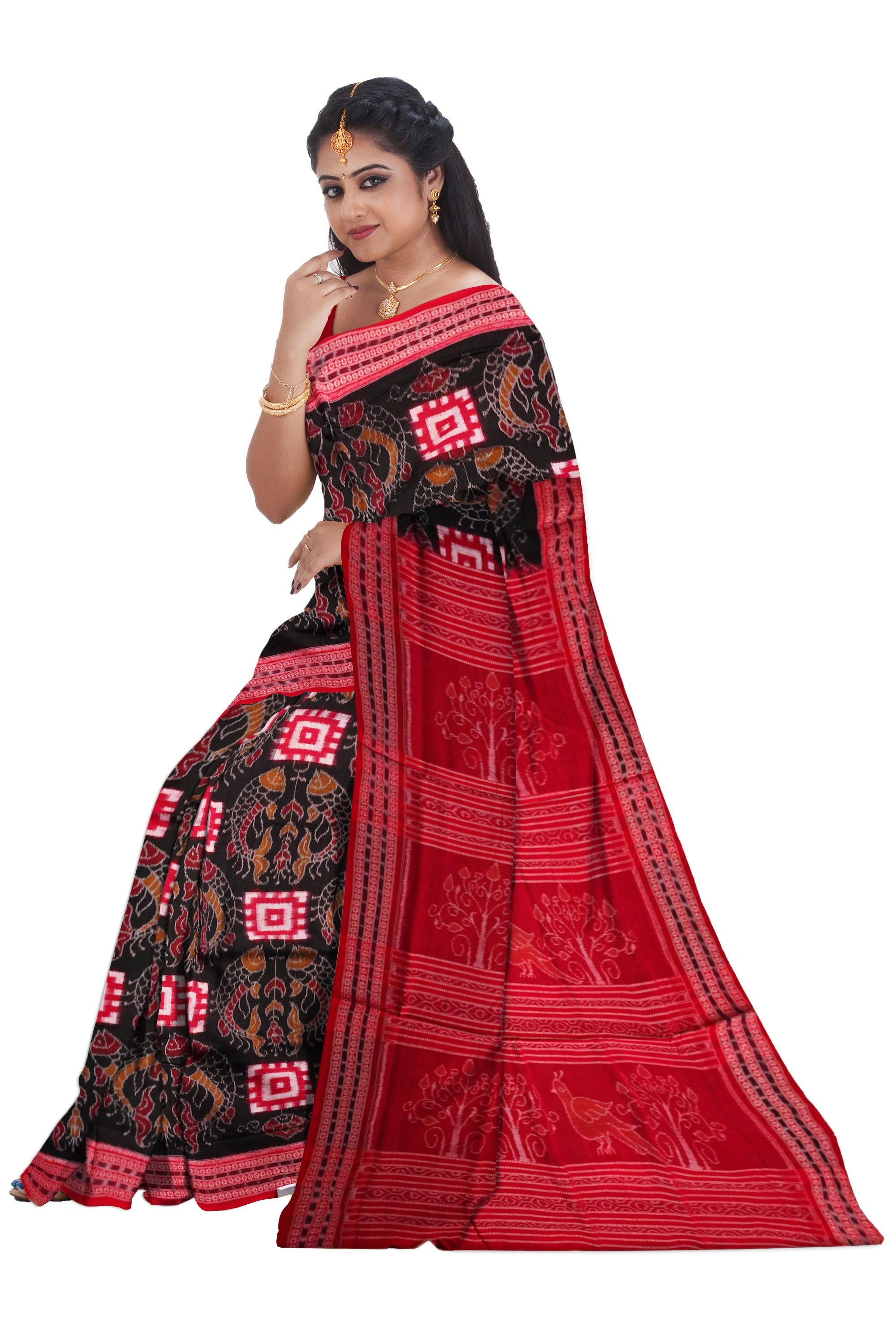 Black and Red color box and fish pattern sambalpuri cotton saree. - Koshali Arts & Crafts Enterprise
