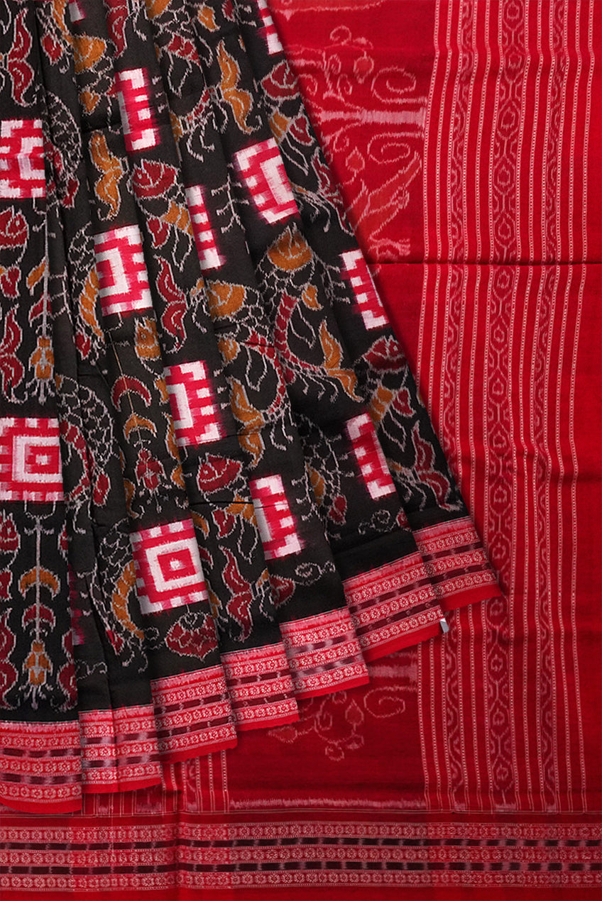Black and Red color box and fish pattern sambalpuri cotton saree. - Koshali Arts & Crafts Enterprise