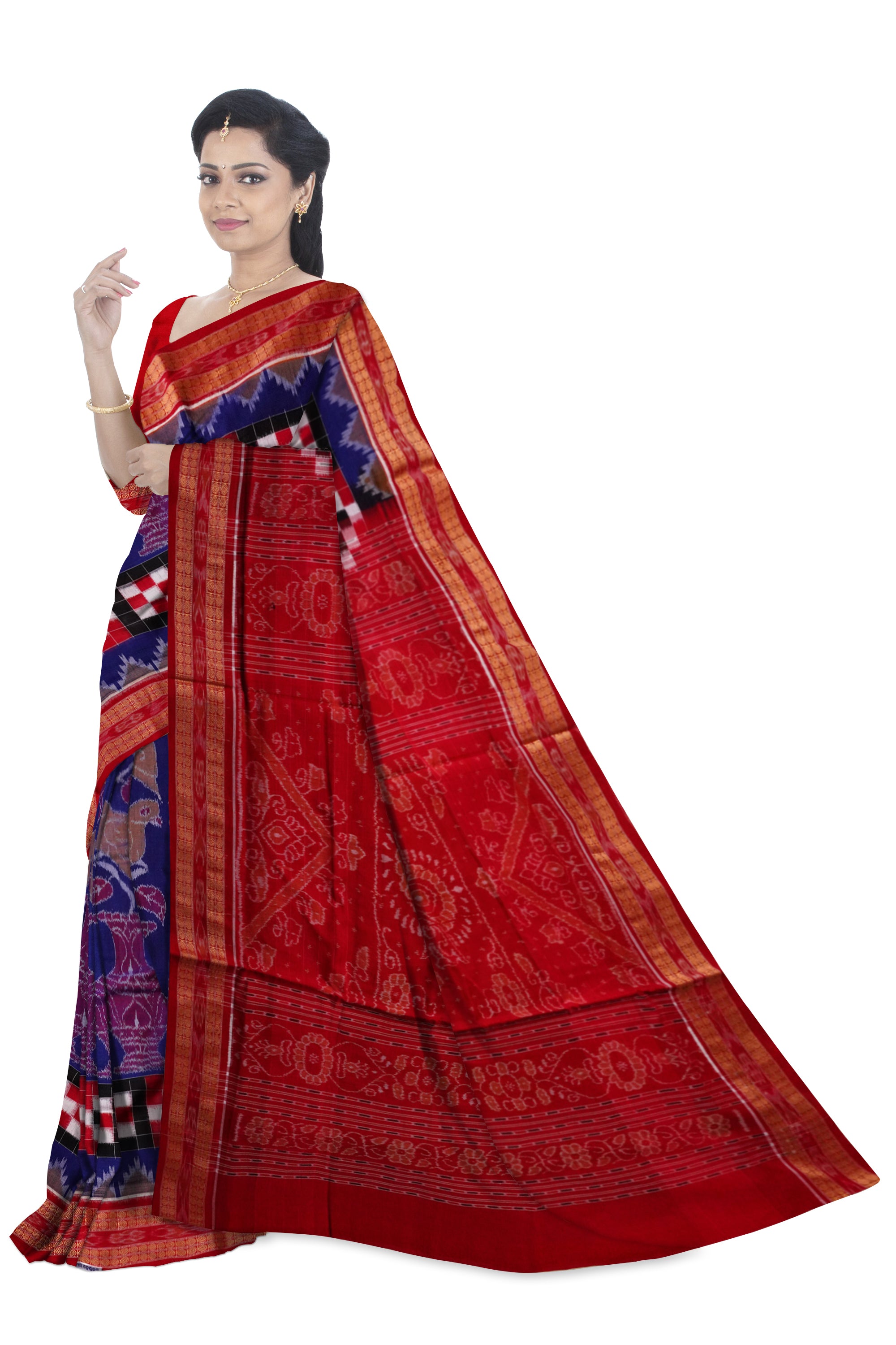 Blue and Red color Pasapali with parrot design sambalpuri cotton saree. - Koshali Arts & Crafts Enterprise