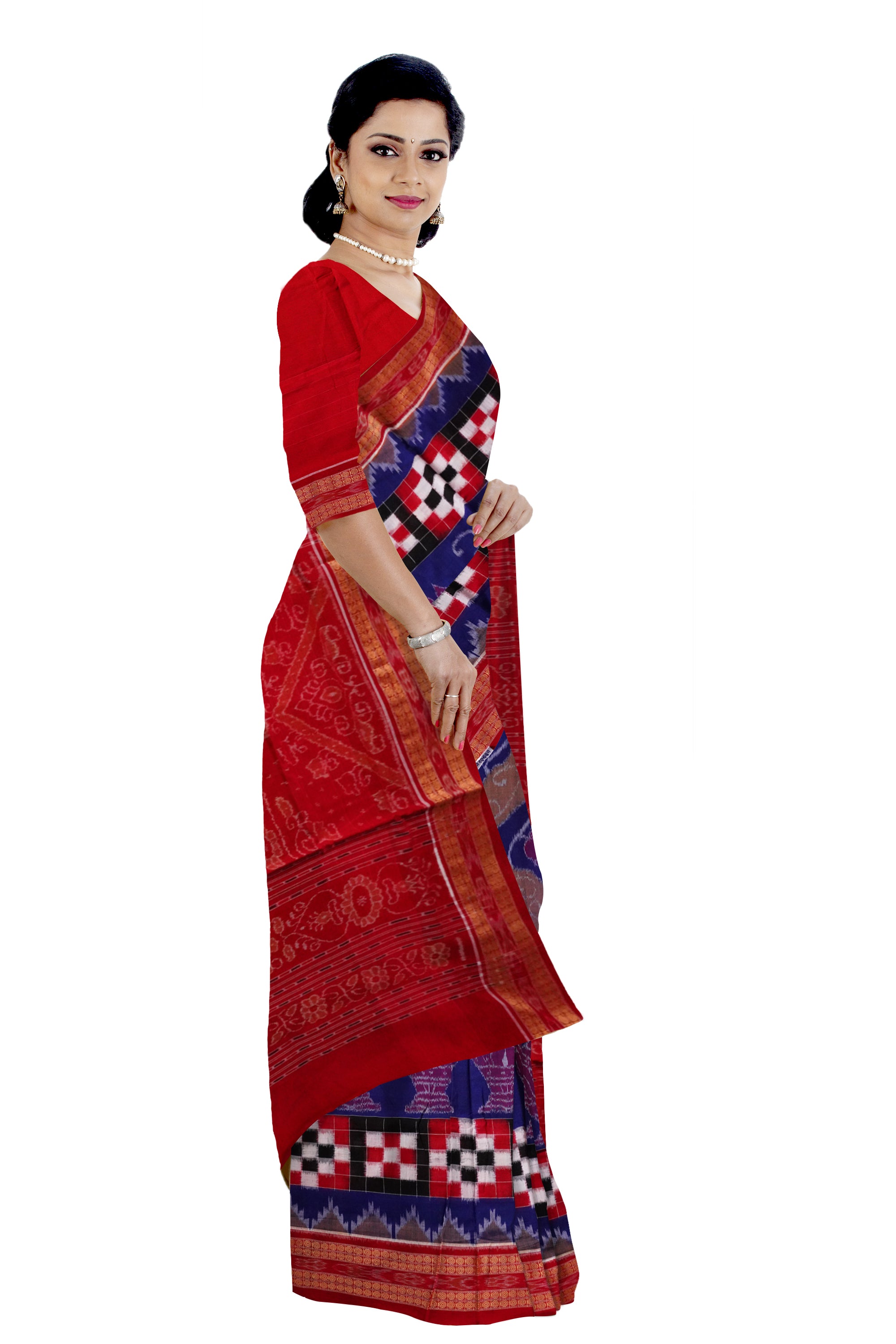 Blue and Red color Pasapali with parrot design sambalpuri cotton saree. - Koshali Arts & Crafts Enterprise