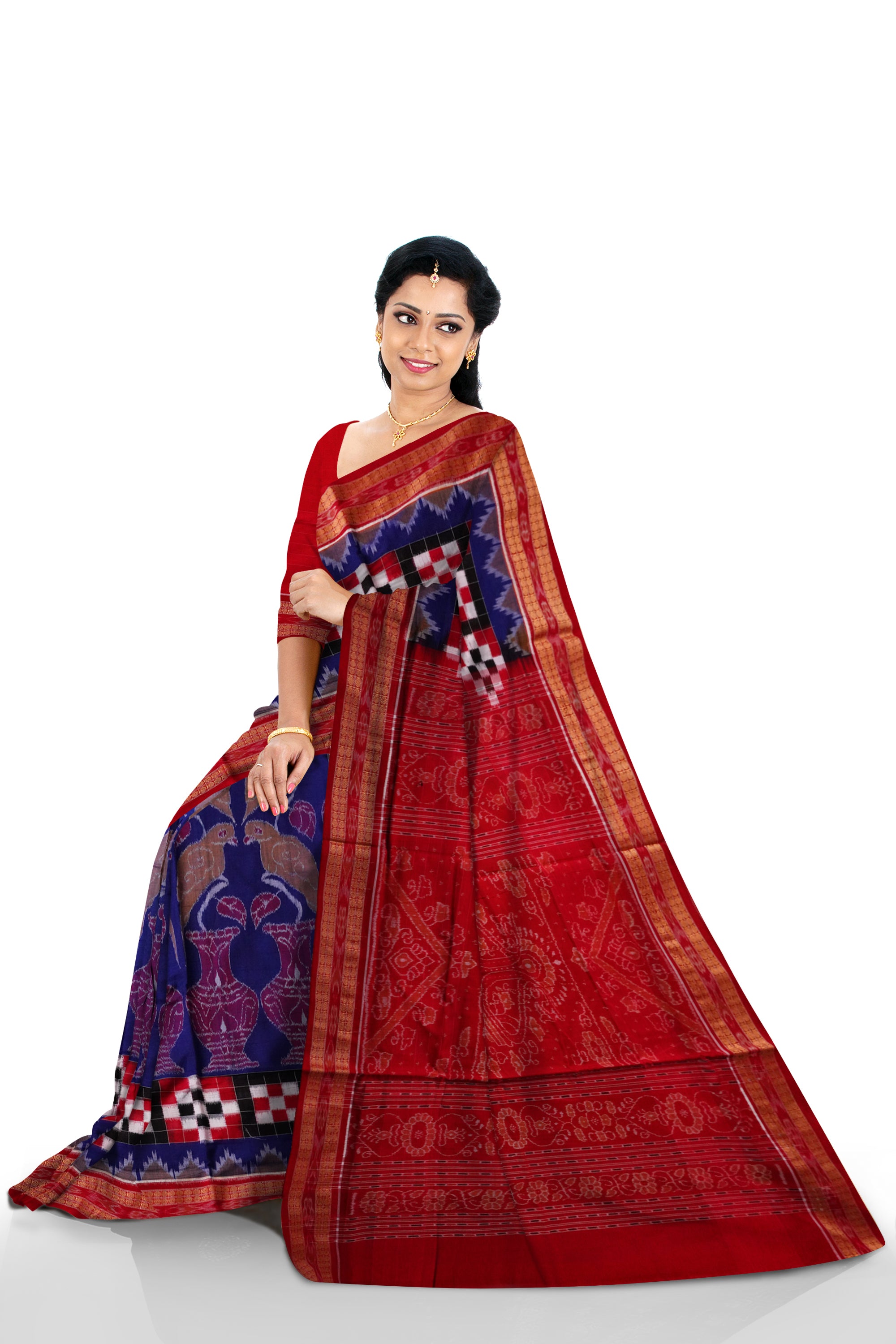 Blue and Red color Pasapali with parrot design sambalpuri cotton saree. - Koshali Arts & Crafts Enterprise