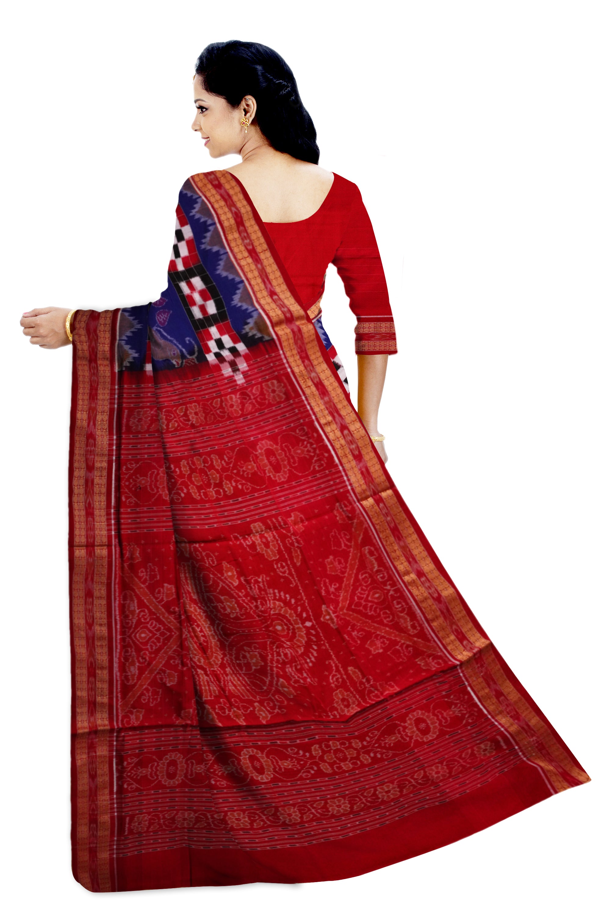 Blue and Red color Pasapali with parrot design sambalpuri cotton saree. - Koshali Arts & Crafts Enterprise