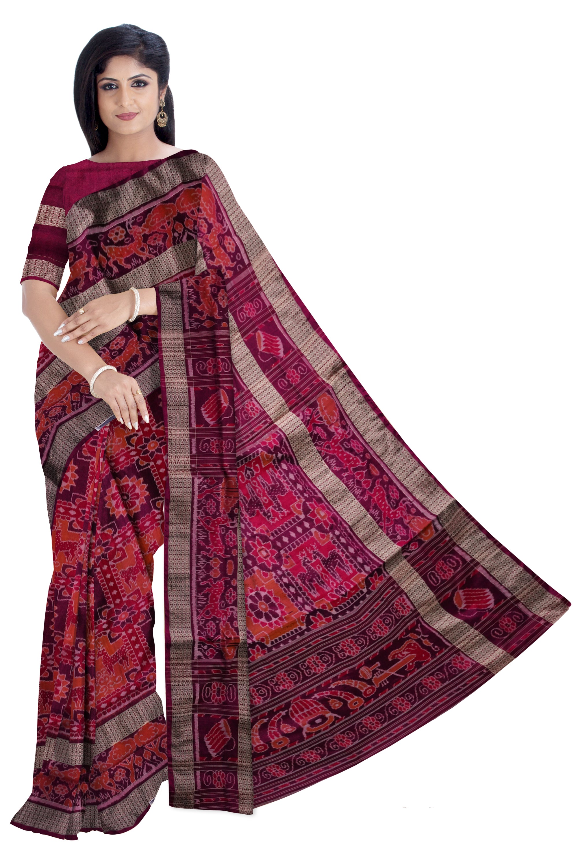 Orange and purple color beautiful work with big border sambalpuri Bapta cotton saree. - Koshali Arts & Crafts Enterprise