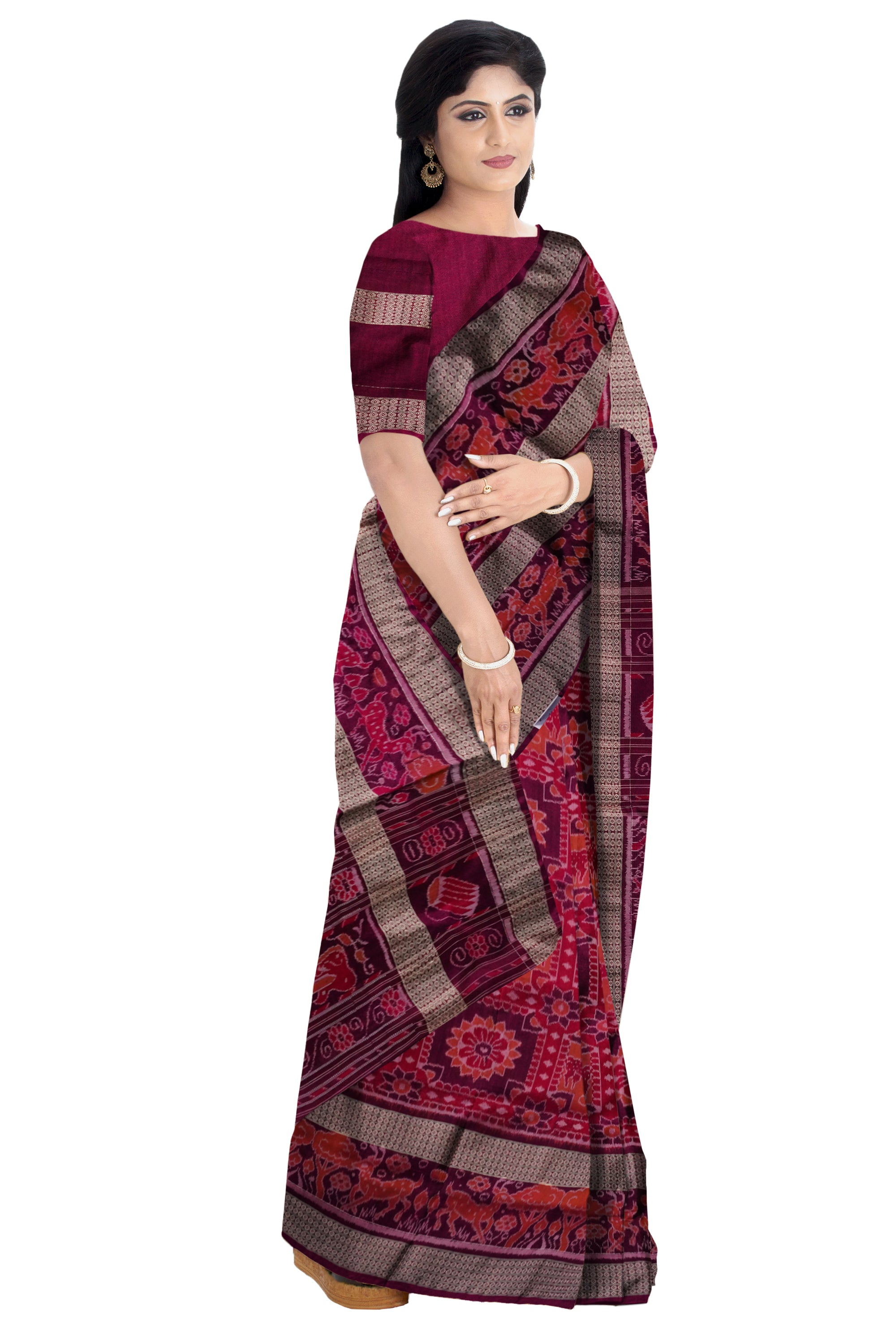 Orange and purple color beautiful work with big border sambalpuri Bapta cotton saree. - Koshali Arts & Crafts Enterprise