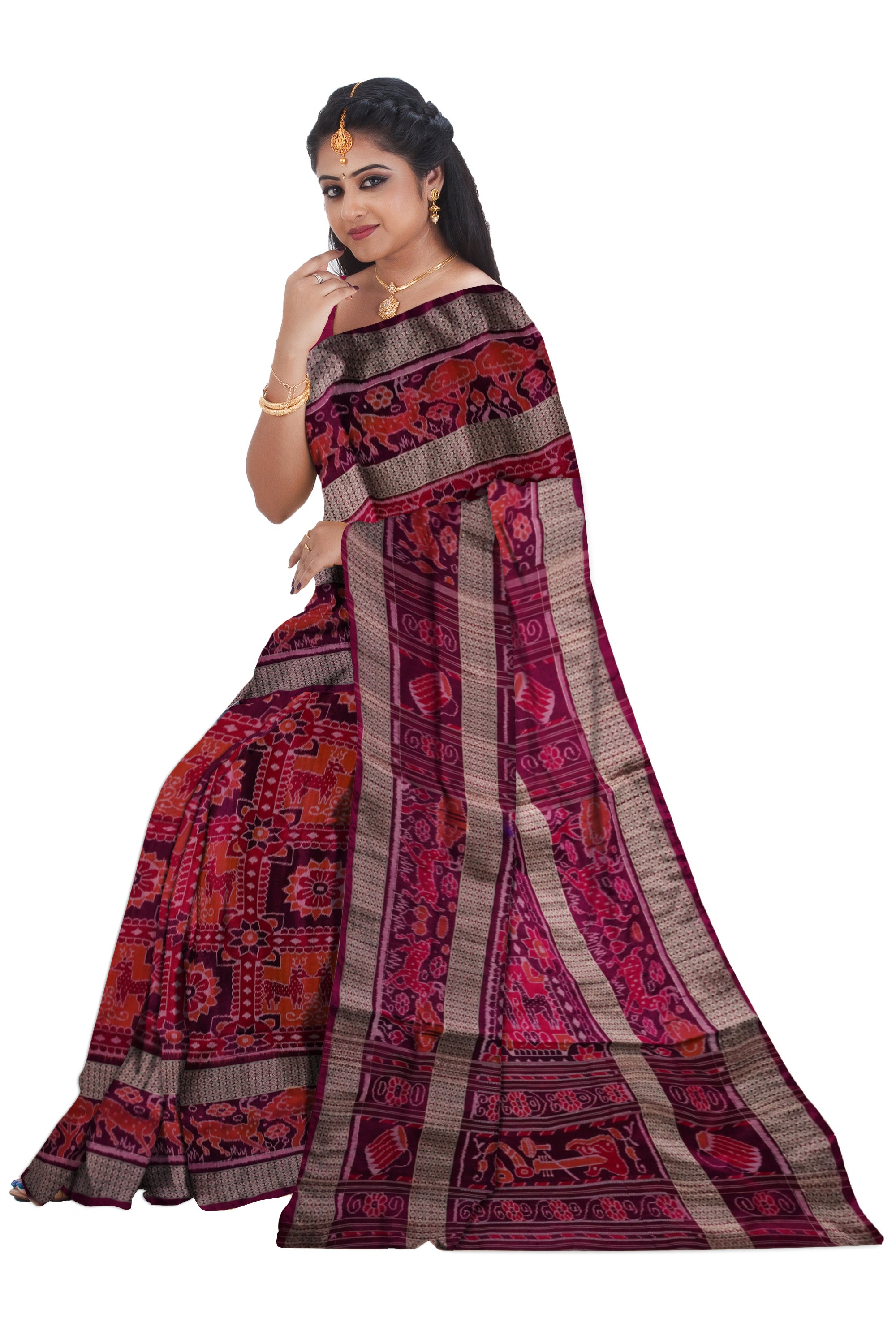 Orange and purple color beautifull work with big border sambalpuri Bapta cotton saree - Koshali Arts & Crafts Enterprise