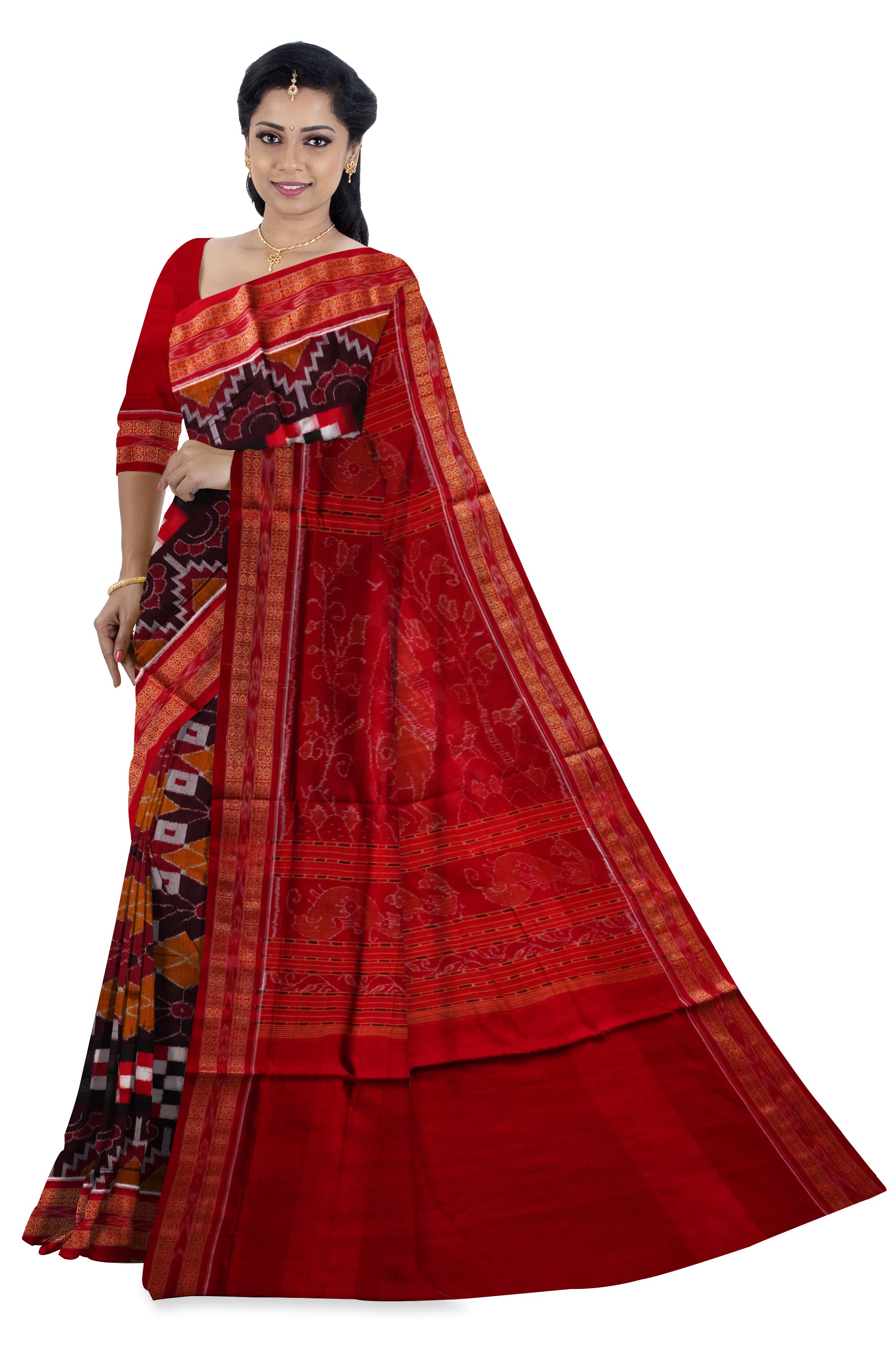 Coffee, red and yellow color pure sambalpuri box pattern cotton saree. - Koshali Arts & Crafts Enterprise