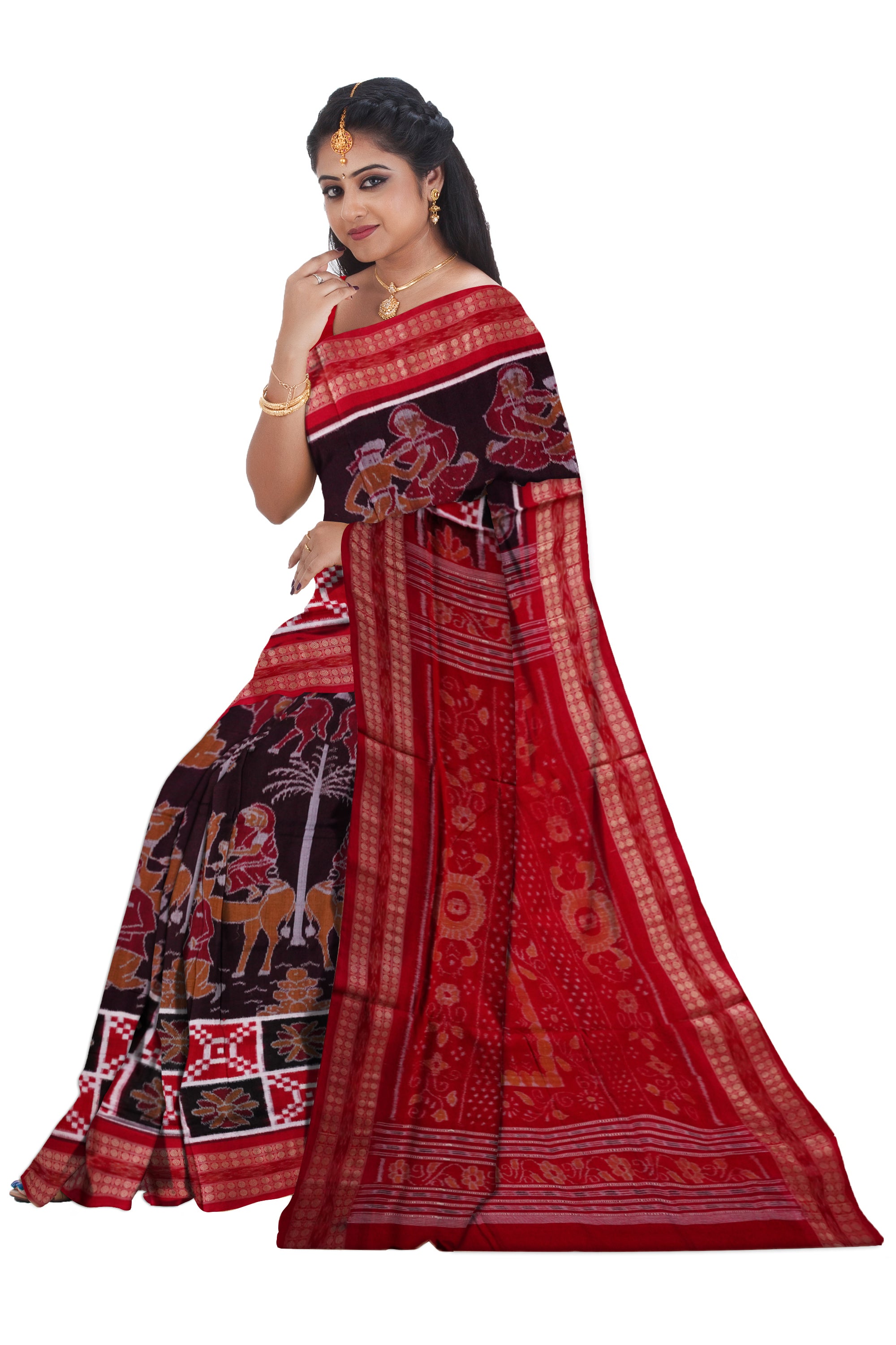 Dandiya and marriage culture work on full body sambalpuri pure cotton saree in coffee, red and orange. - Koshali Arts & Crafts Enterprise