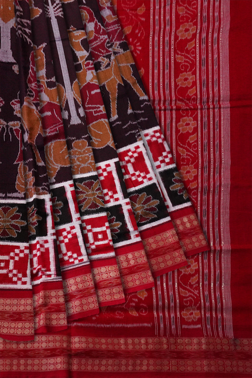 Dandiya and marriage culture work on full body sambalpuri pure cotton saree in coffee, red and orange. - Koshali Arts & Crafts Enterprise