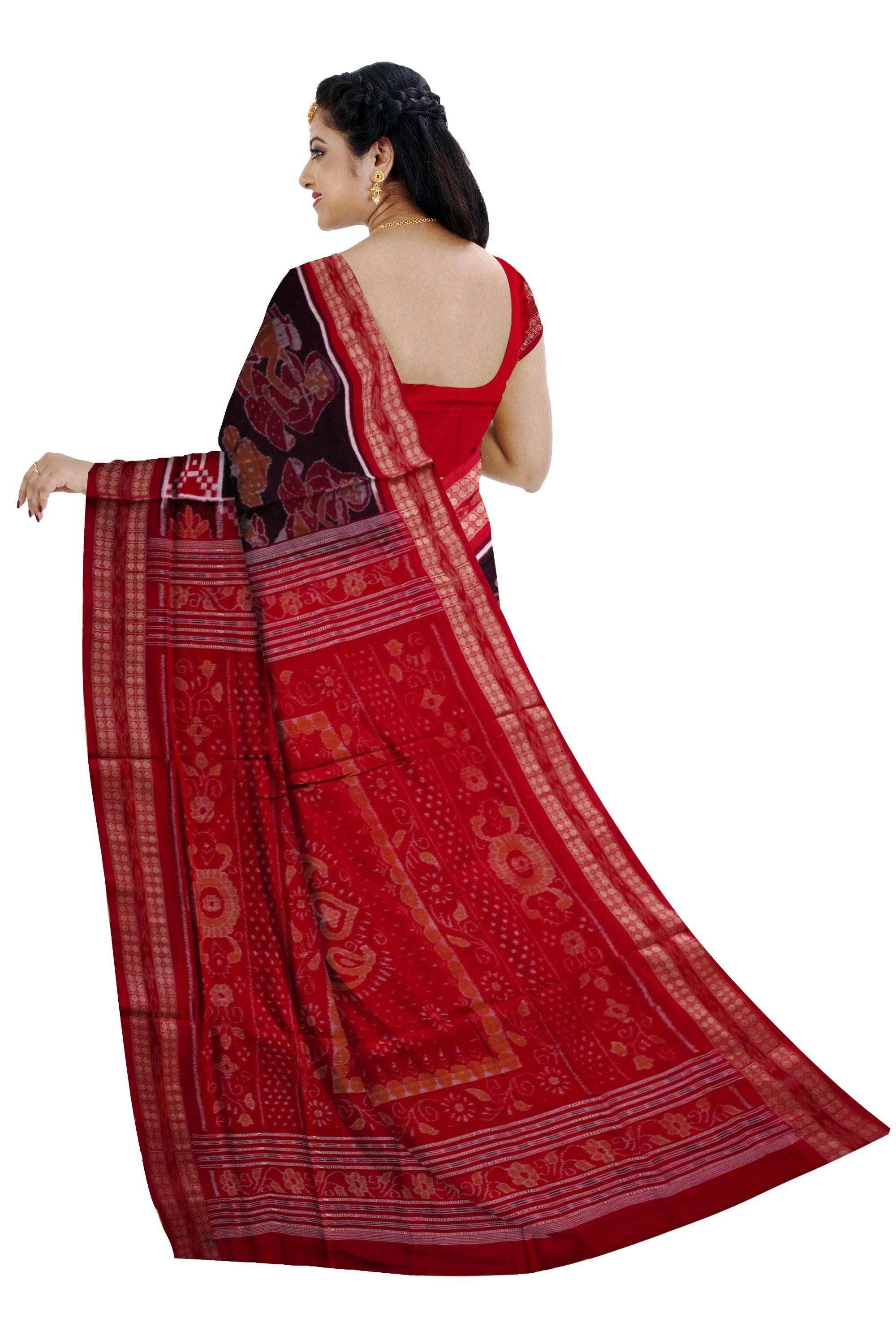 Dandiya and marriage culture work on full body sambalpuri pure cotton saree in coffee, red and orange. - Koshali Arts & Crafts Enterprise