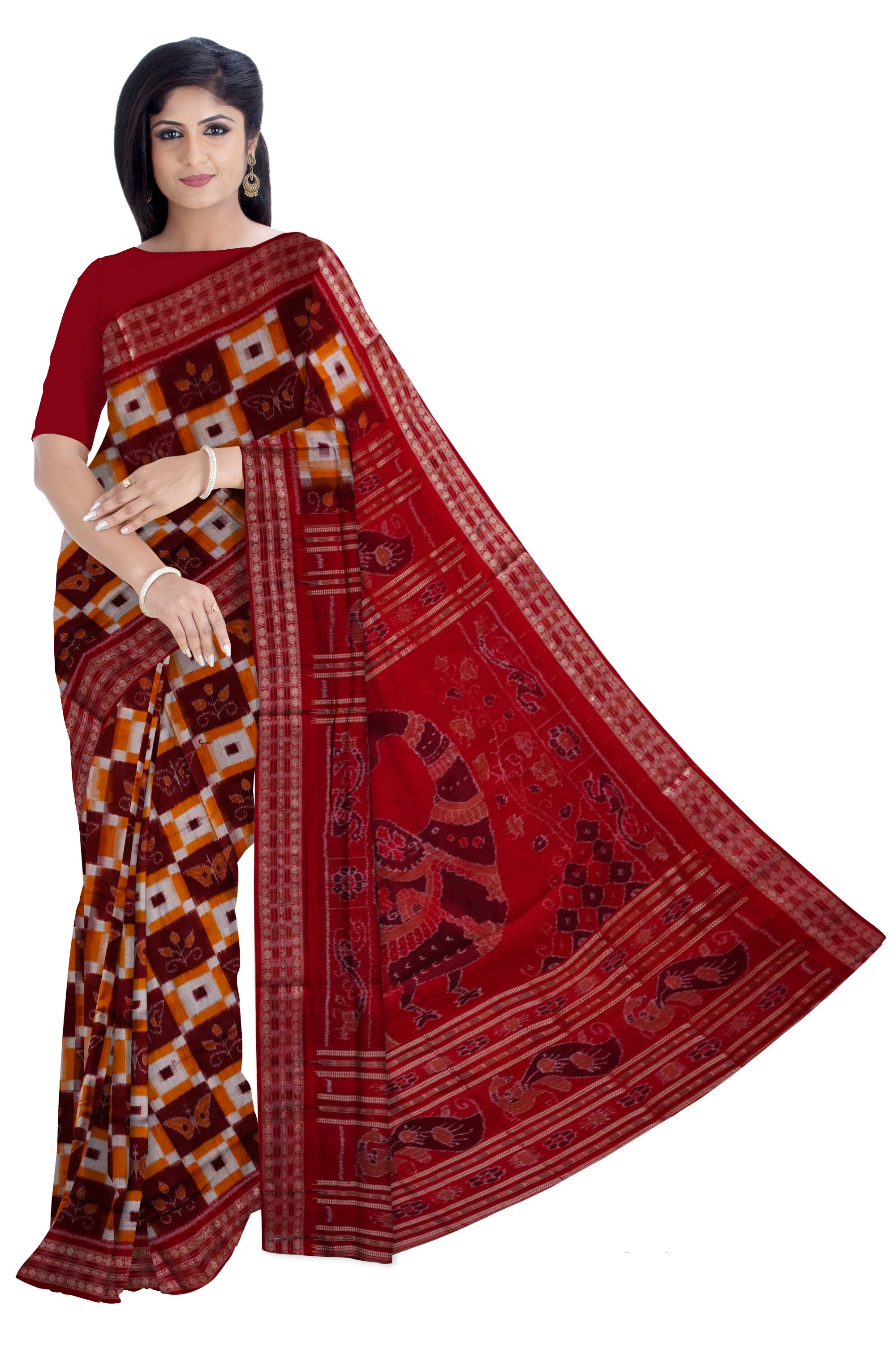 Yellow, Coffee and Red color small butterfly on box pattern sambalpuri pure cotton saree. - Koshali Arts & Crafts Enterprise