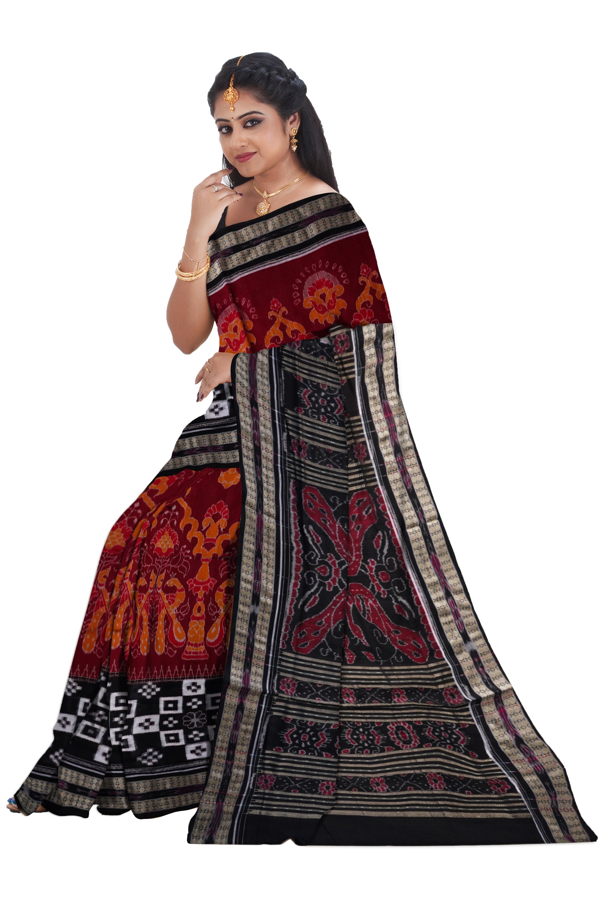 Peacock, Beena , flower and Pasapali work uniquely design on full body in Maroon and Black color. - Koshali Arts & Crafts Enterprise