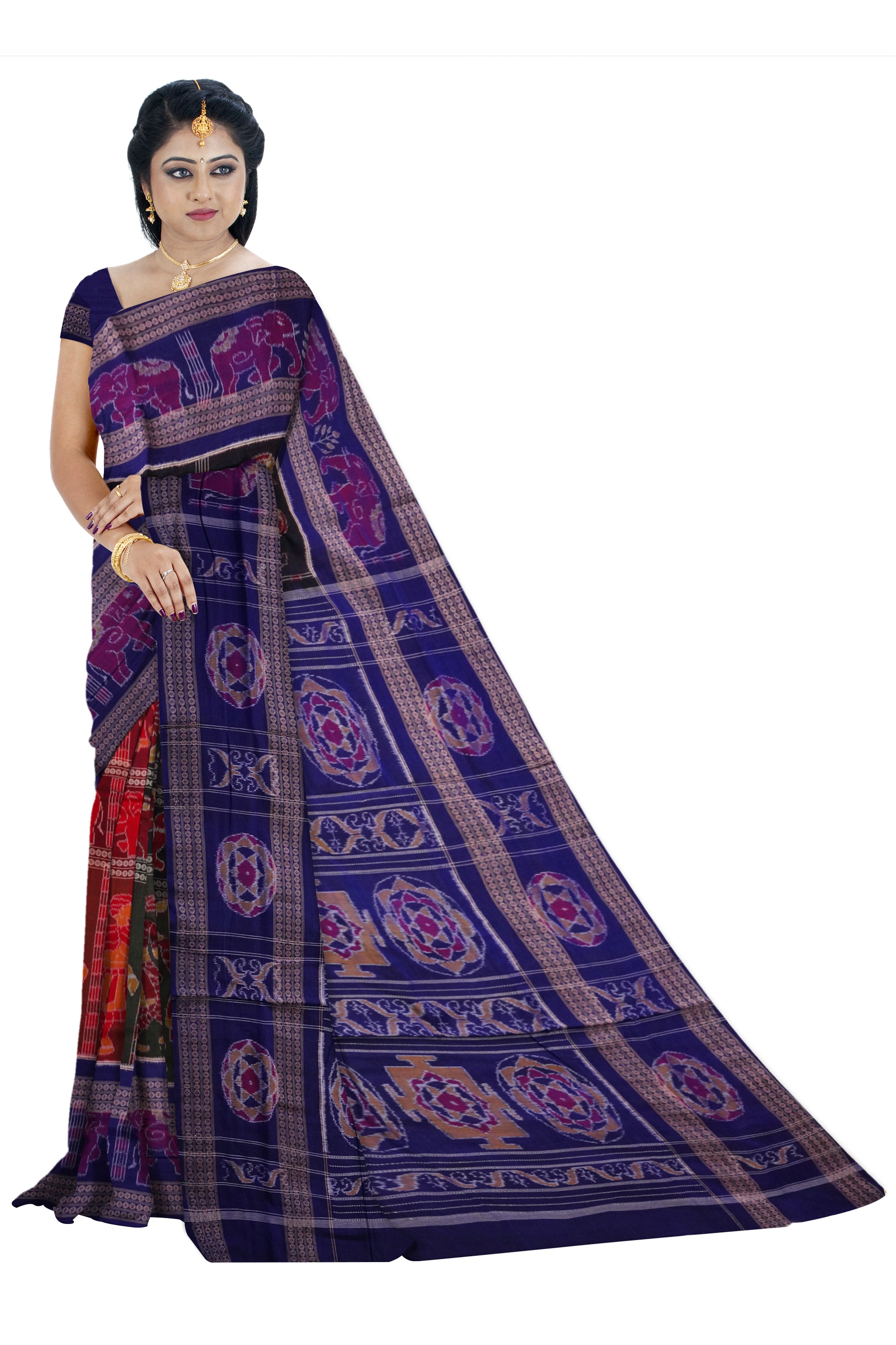 Nartaki and Elephant design full body work with big border in Maroon, Black, Mehndi and Blue color Sambalpuri cotton saree.r - Koshali Arts & Crafts Enterprise