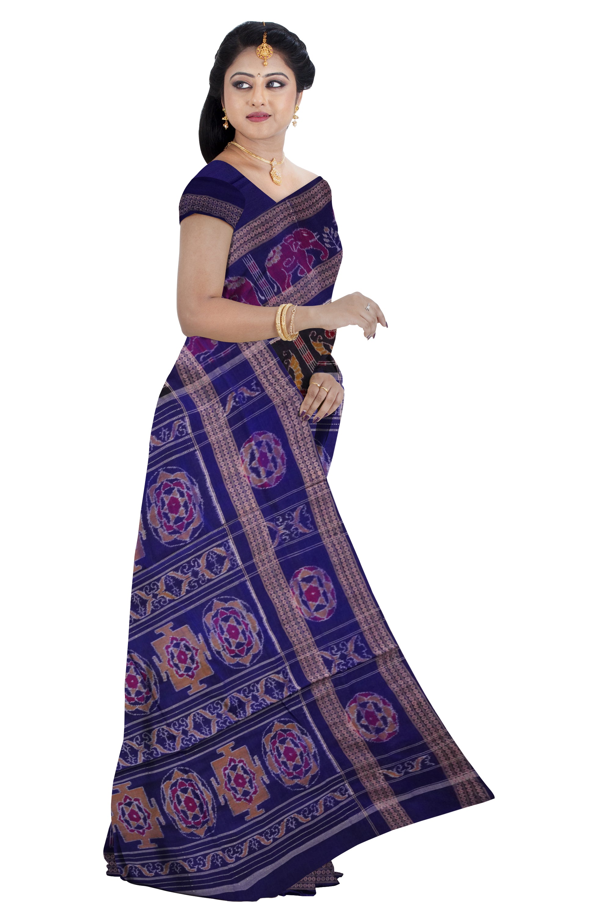 Nartaki and Elephant design full body work with big border in Maroon, Black, Mehndi and Blue color Sambalpuri cotton saree.r - Koshali Arts & Crafts Enterprise