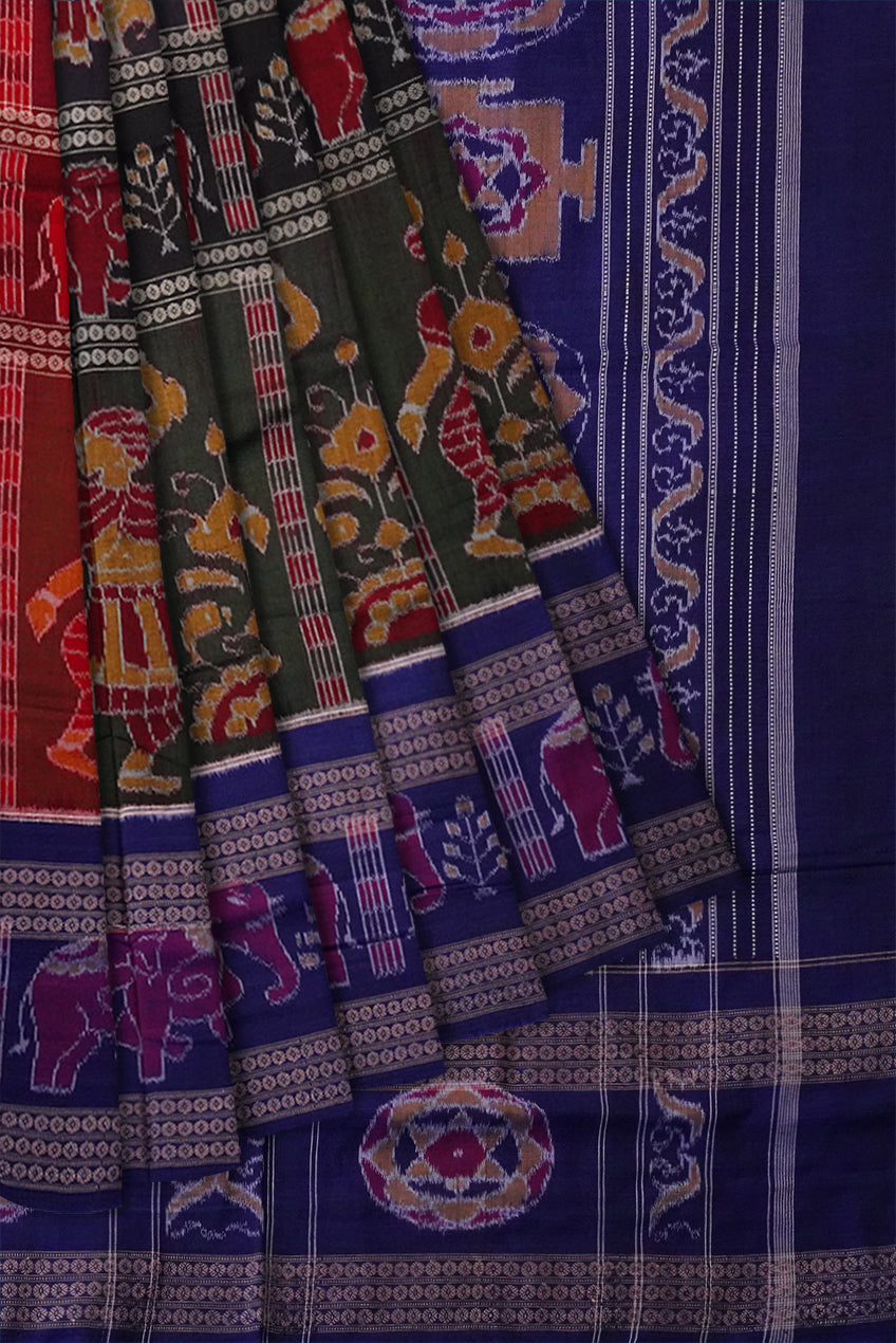 Nartaki and Elephant design full body work with big border in Maroon, Black, Mehndi and Blue color Sambalpuri cotton saree.r - Koshali Arts & Crafts Enterprise