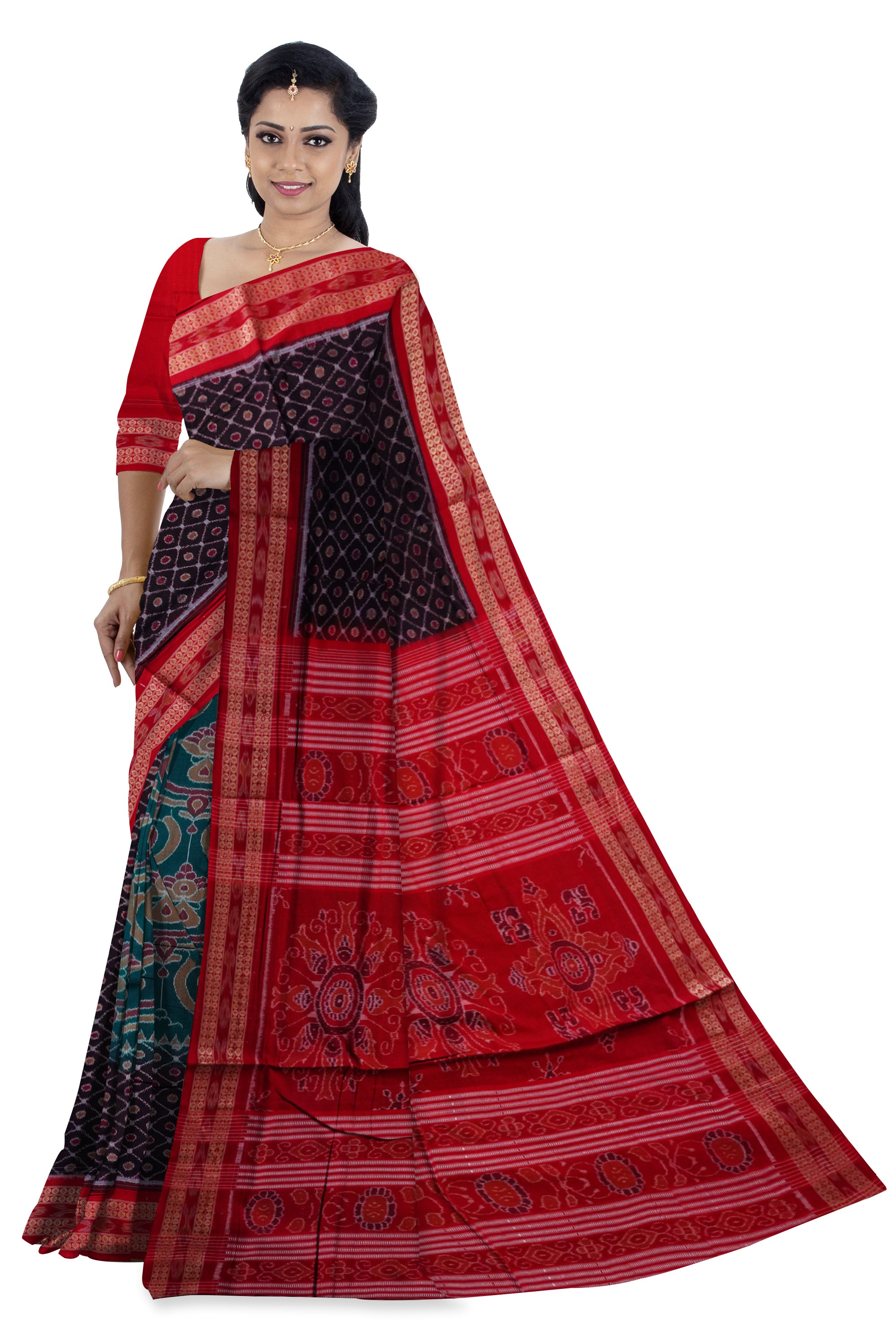 Black, Green and Red color new design Sambalpuri cotton saree. - Koshali Arts & Crafts Enterprise