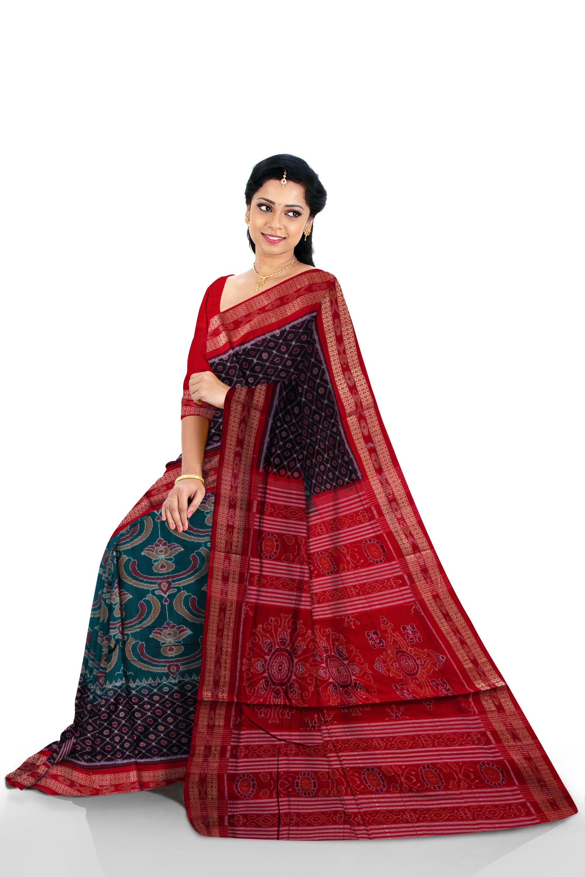 Black, Green and Red color new design Sambalpuri cotton saree. - Koshali Arts & Crafts Enterprise