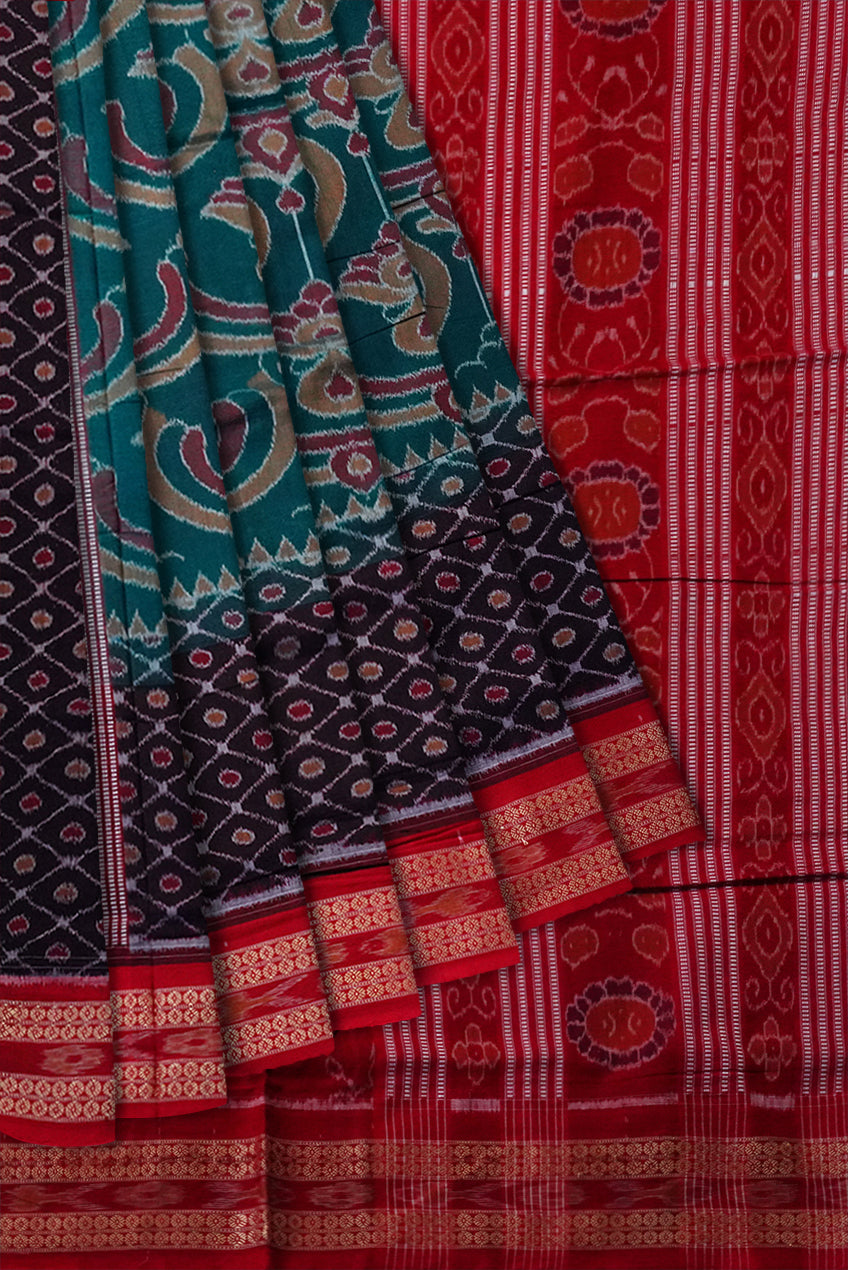 Black, Green and Red color new design Sambalpuri cotton saree. - Koshali Arts & Crafts Enterprise