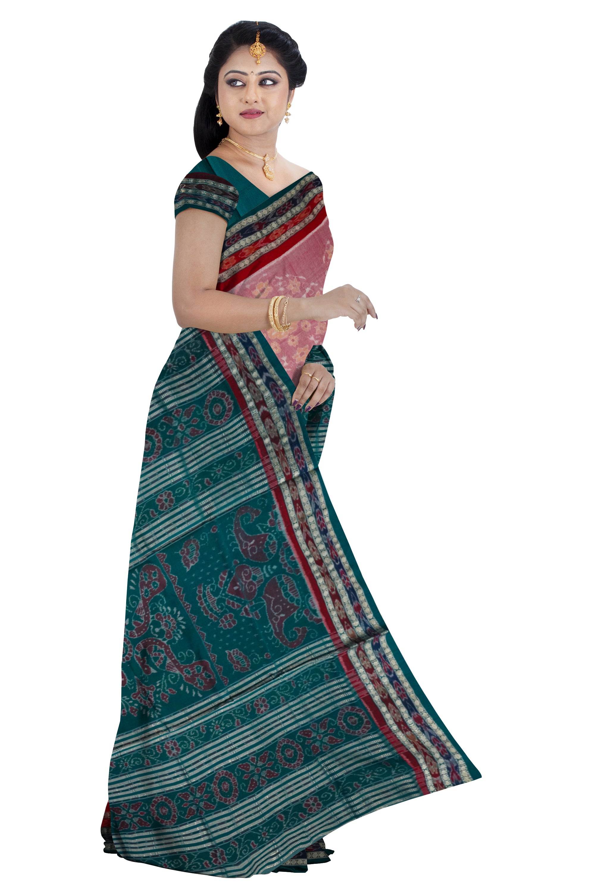Baby pink and Aqua green color circular terracotta pattern Sambalpuri pure cotton saree. - Koshali Arts & Crafts Enterprise