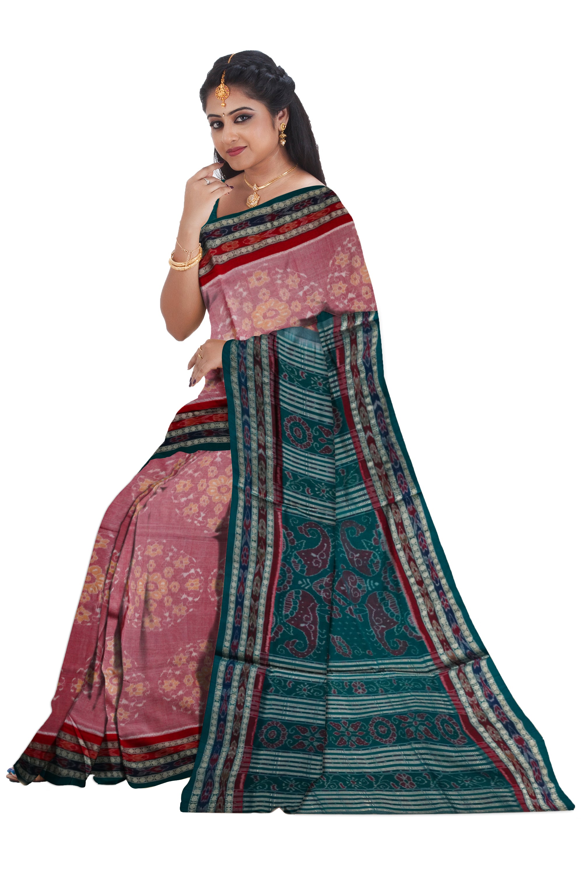 Baby pink and Aqua green color circular terracotta pattern Sambalpuri pure cotton saree. - Koshali Arts & Crafts Enterprise