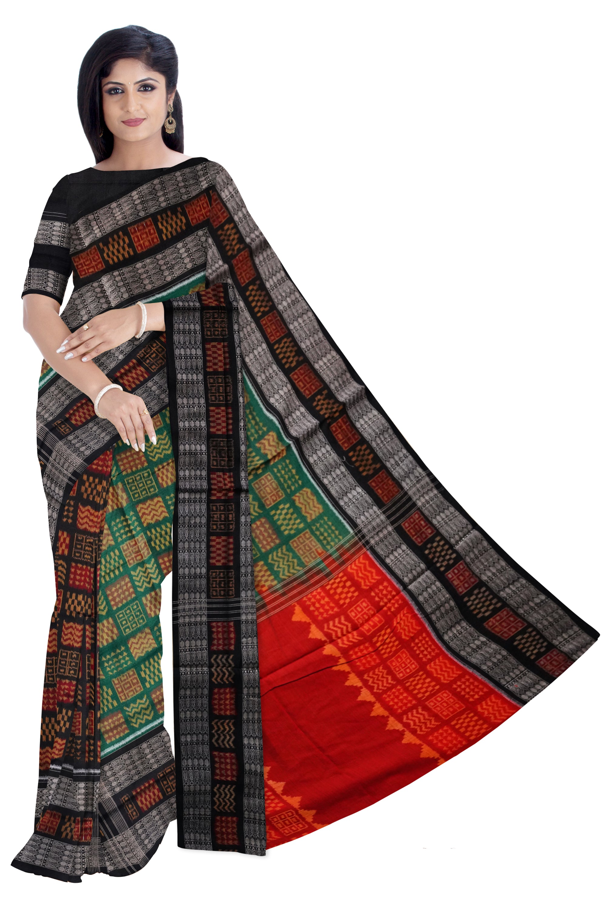 3D design Green, Red and Black color Sambalpuri pure cotton saree. - Koshali Arts & Crafts Enterprise