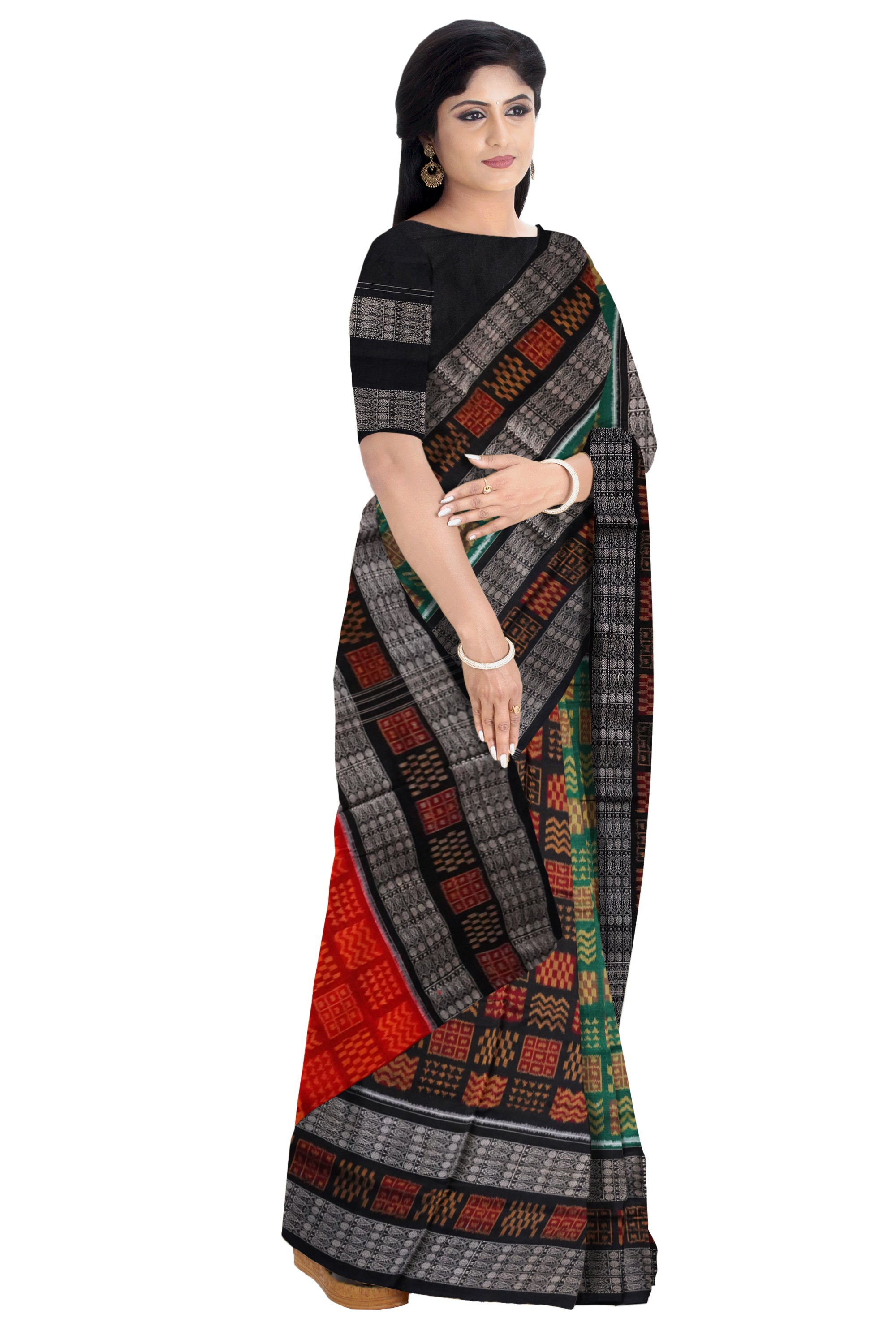 3D design Green, Red and Black color Sambalpuri pure cotton saree. - Koshali Arts & Crafts Enterprise