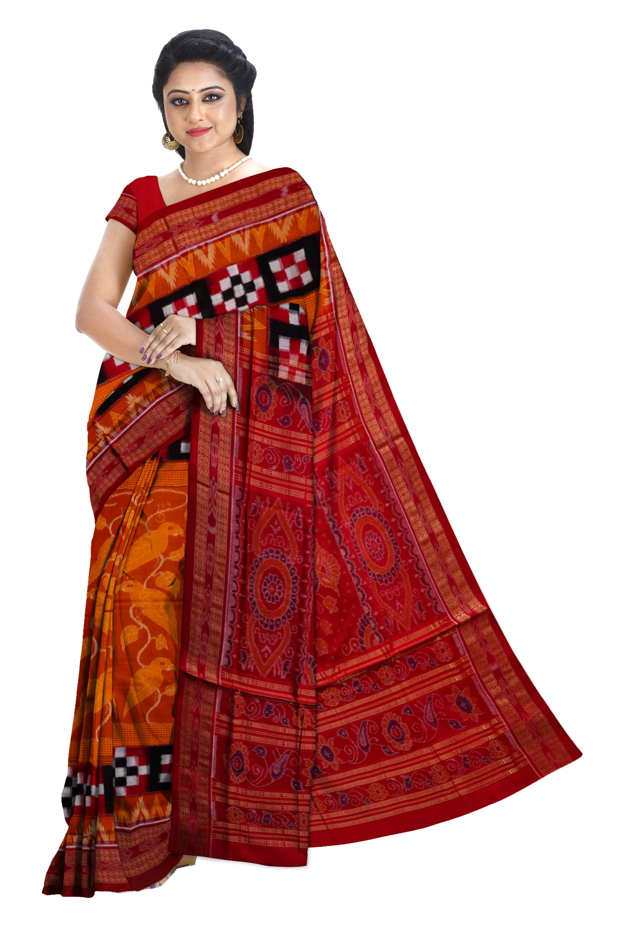 Yellow and Red color parrot design Sambalpuri pure cotton saree. - Koshali Arts & Crafts Enterprise