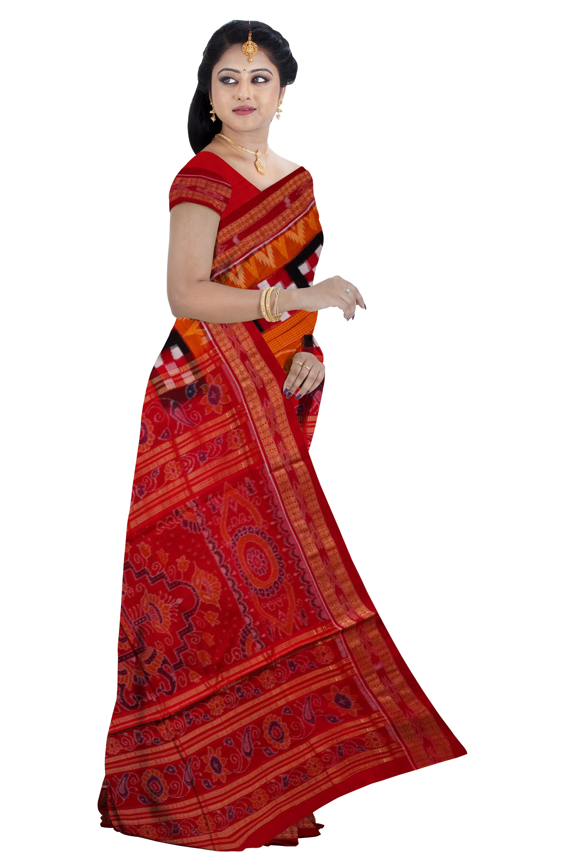 Yellow and Red color parrot design Sambalpuri pure cotton saree. - Koshali Arts & Crafts Enterprise